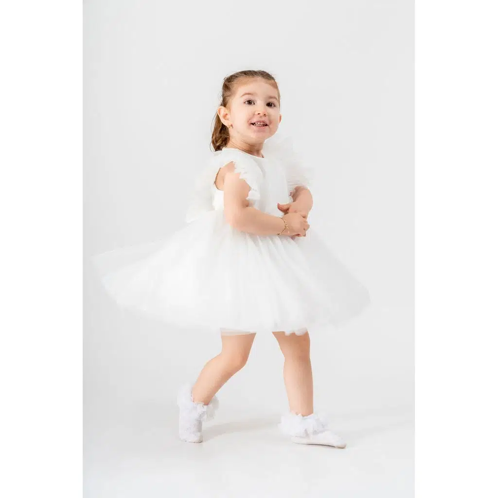 Bebek Kız Çocuk Doğum Günü Parti Düğün Elbise Tüllü Tütü Astarlı Çocuk Giyim Bebek Giyim Kız Bebek ELBYTULFIRFIR - Beyaz