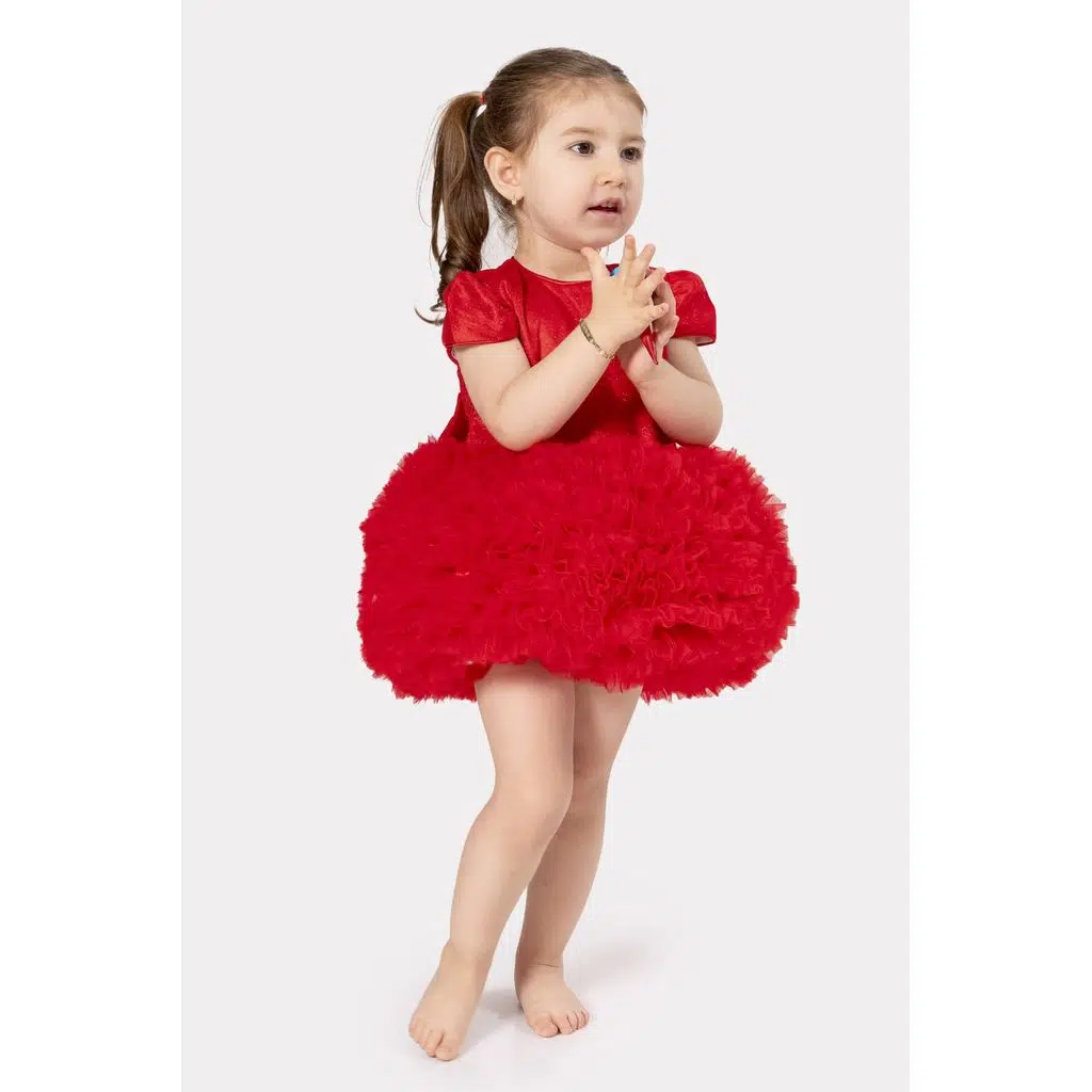 Bebek Kız Çocuk Doğum Günü Parti Düğün Elbise Tüllü Tütü Astarlı Çocuk Giyim Bebek Giyim Kız Bebek - Kırmızı