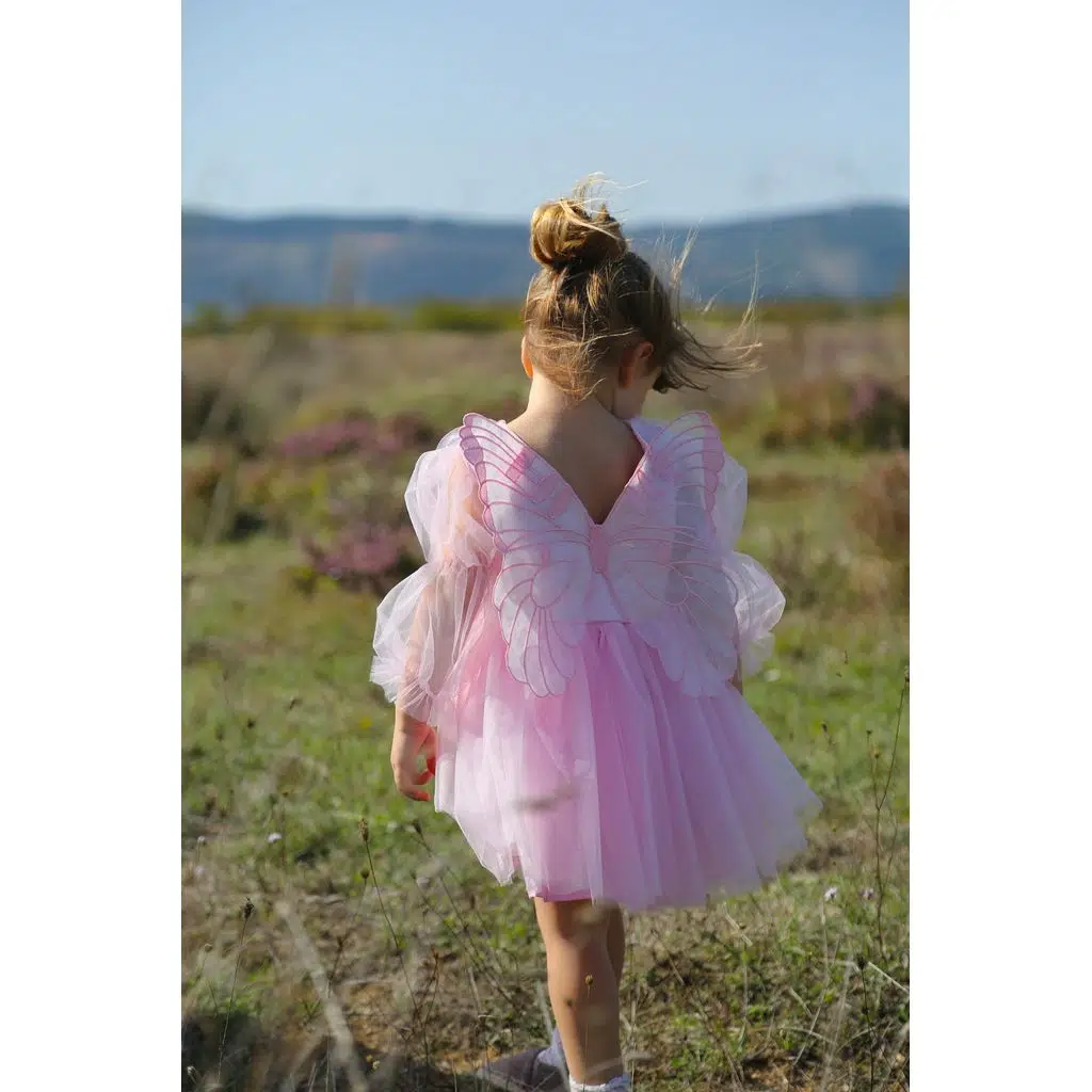 Kız Bebek Kız Çocuk Doğum Günü Parti Düğün Elbise Tüllü Tütü Astarlı Çocuk Giyim Bebek Giyim Elbise Uzun Kanatlı - Pembe