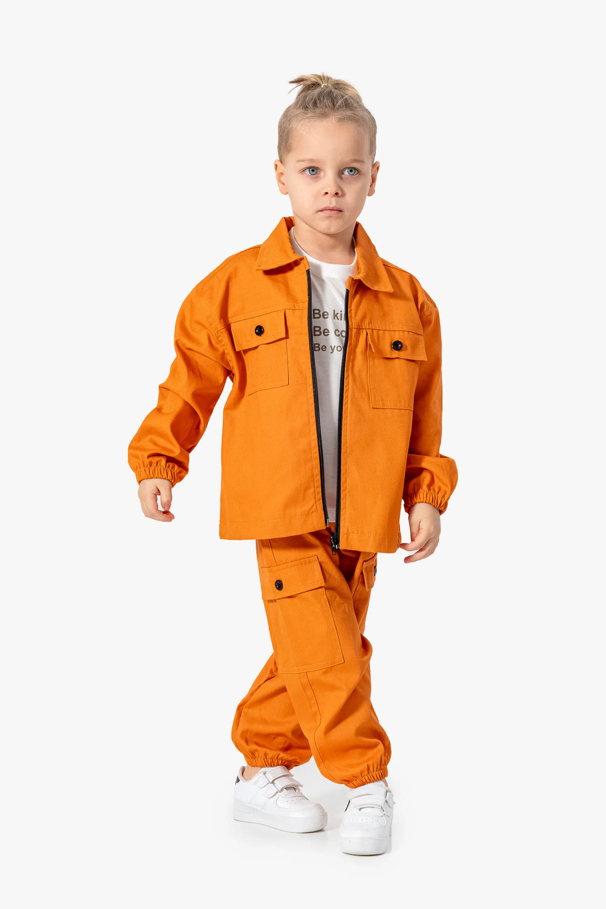 Erkek Çocuk Gabardin Alt Üst Çocuk Takım 3 lü Takım Pantolon Ceket T-shirt Çocuk Giyim - Turuncu