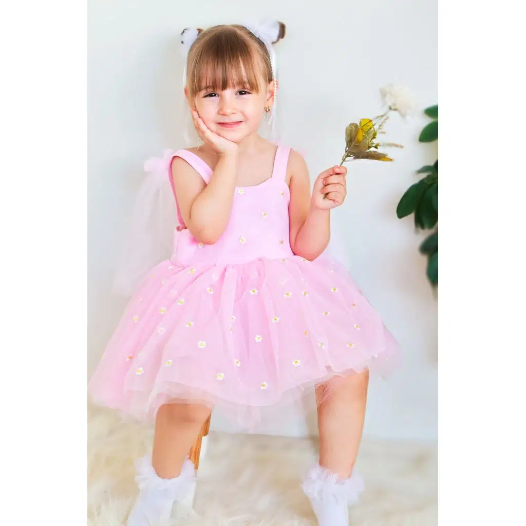 Kız Bebek Elbise Kız Çocuk Elbise Doğum Günü Parti Düğün Elbise Askılı Astarlı Papatya Elbise - Pembe
