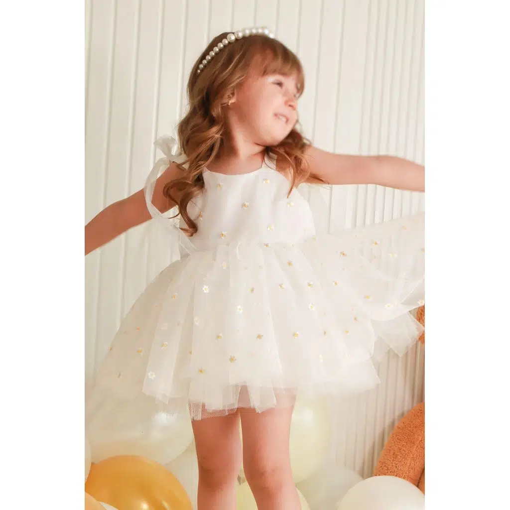 Kız Bebek Elbise Kız Çocuk Elbise Doğum Günü Parti Düğün Elbise Askılı Astarlı Papatya Elbise - Beyaz