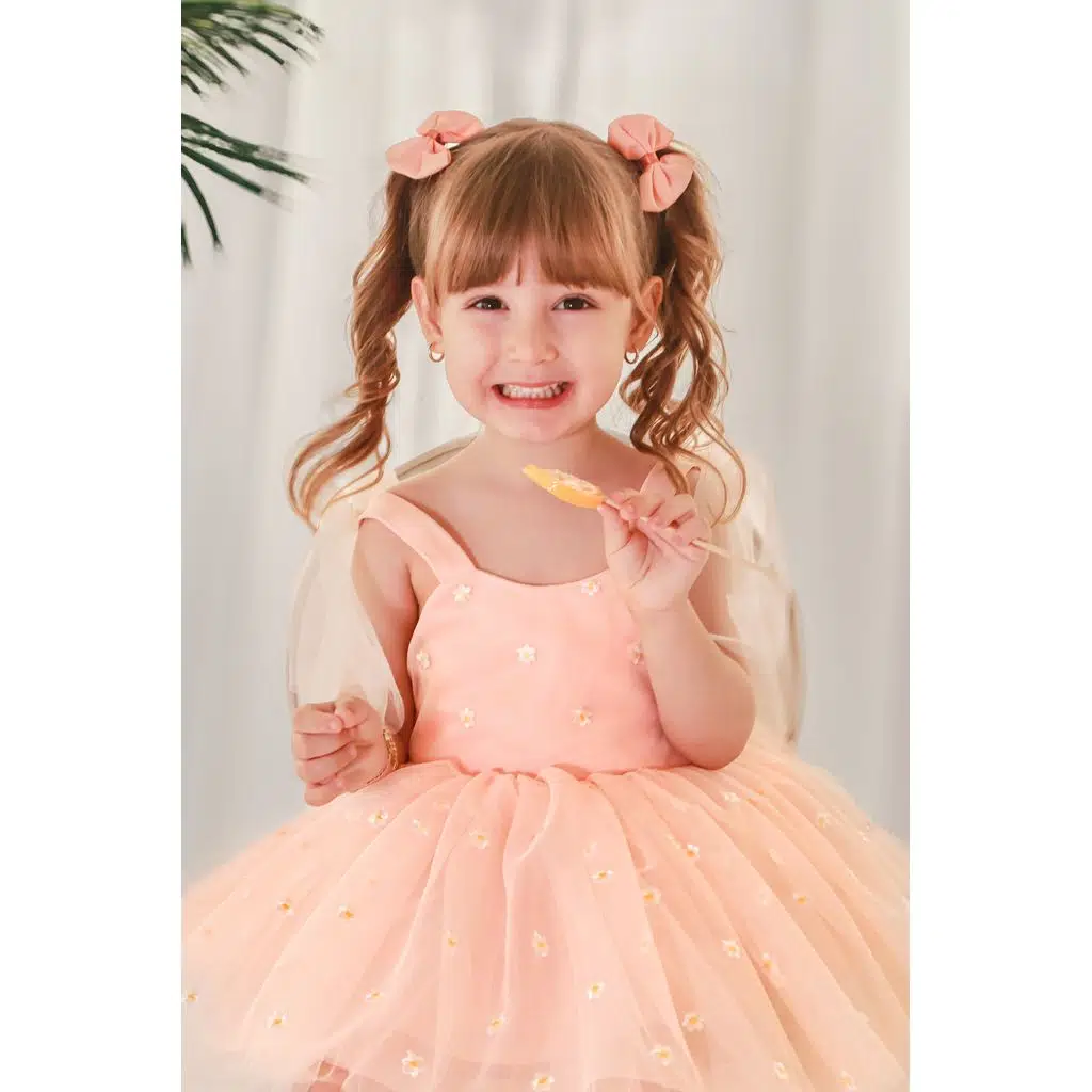 Kız Bebek Elbise Kız Çocuk Elbise Doğum Günü Parti Düğün Elbise Askılı Astarlı Papatya Elbise - Pudra