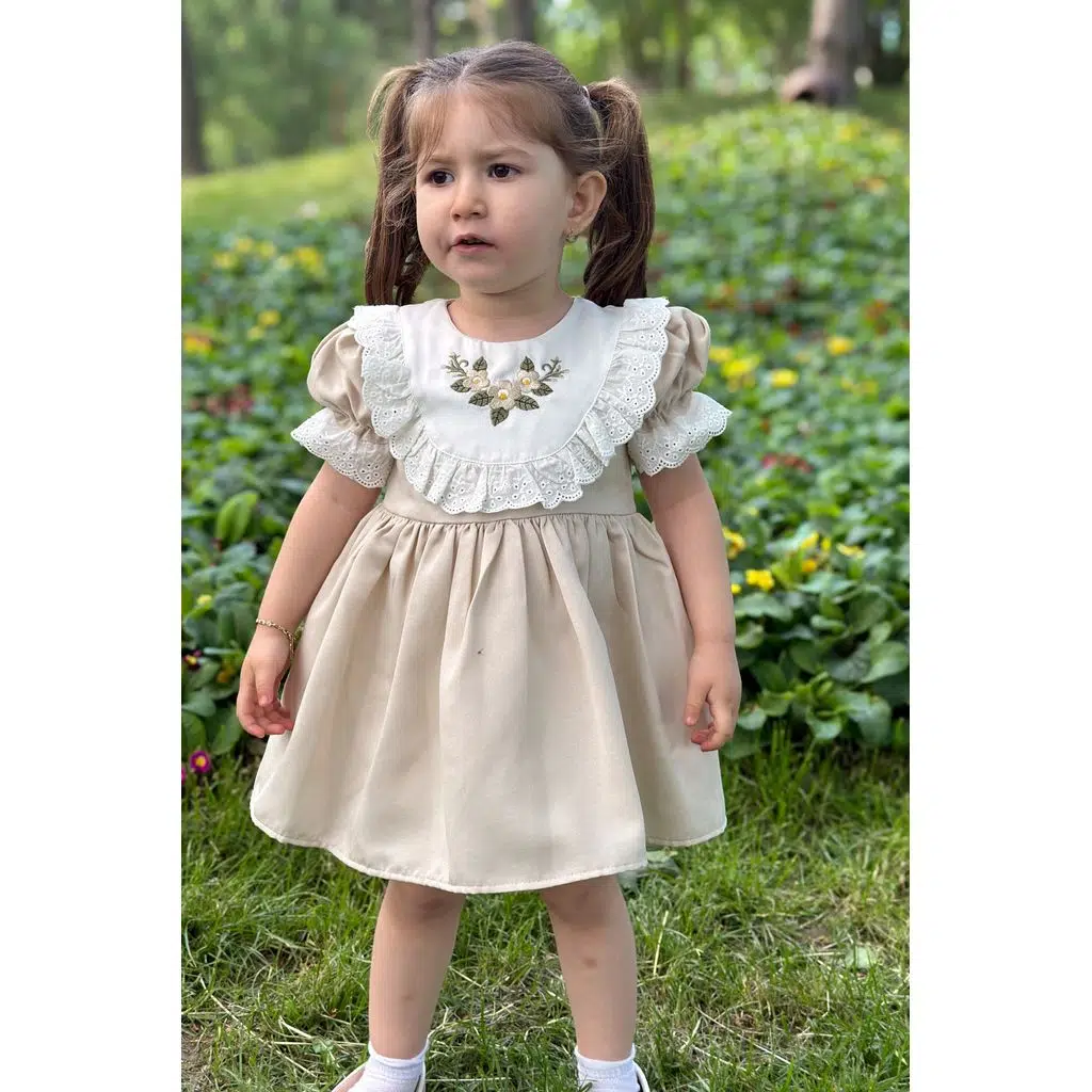 Kız Bebek Elbise Kız Çocuk Elbise Doğum Günü Parti Düğün Elbise Dantelli Kısa Kol Astarlı Elbise - Krem