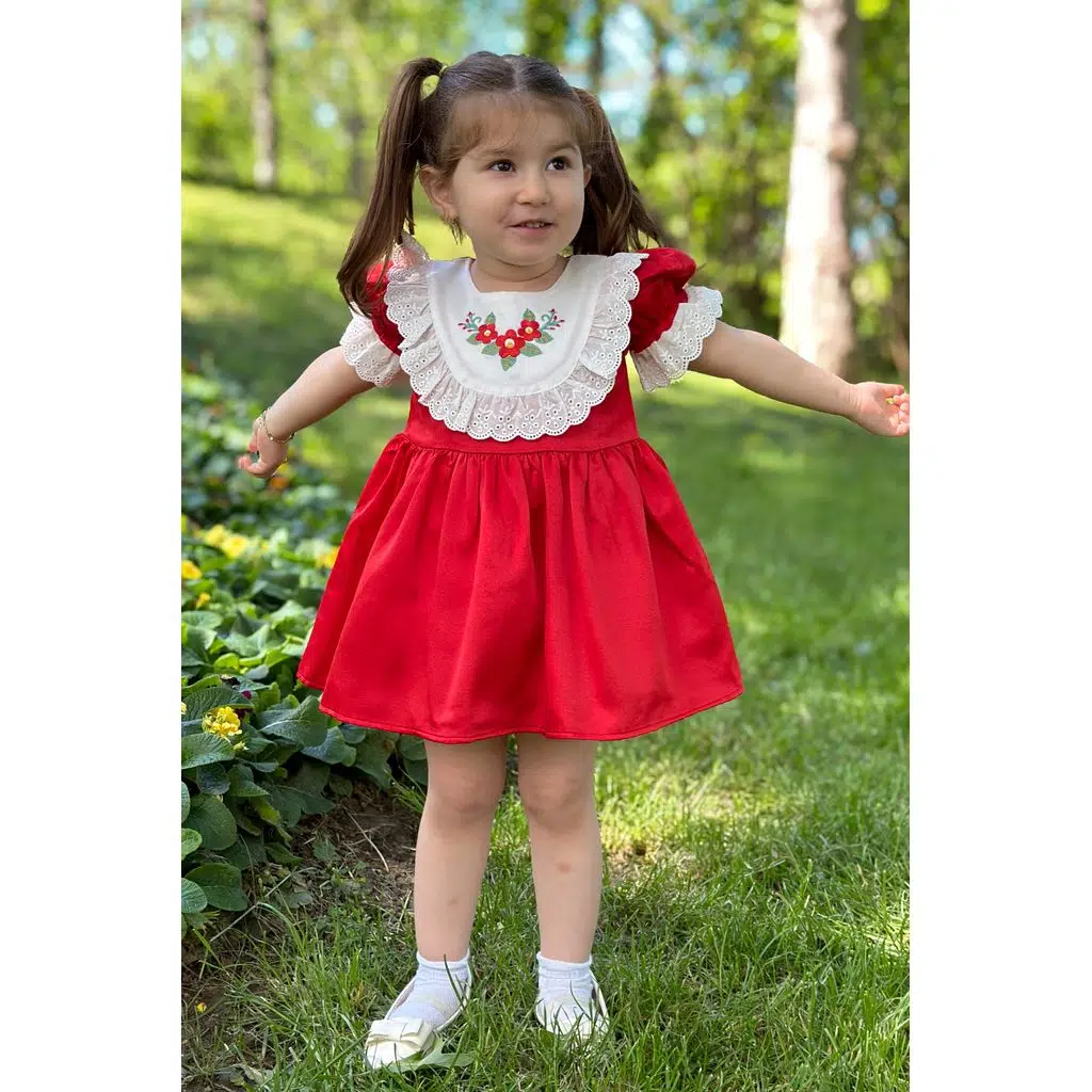 Kız Bebek Elbise Kız Çocuk Elbise Doğum Günü Parti Düğün Elbise Dantelli Kısa Kol Astarlı Elbise - Kırmızı