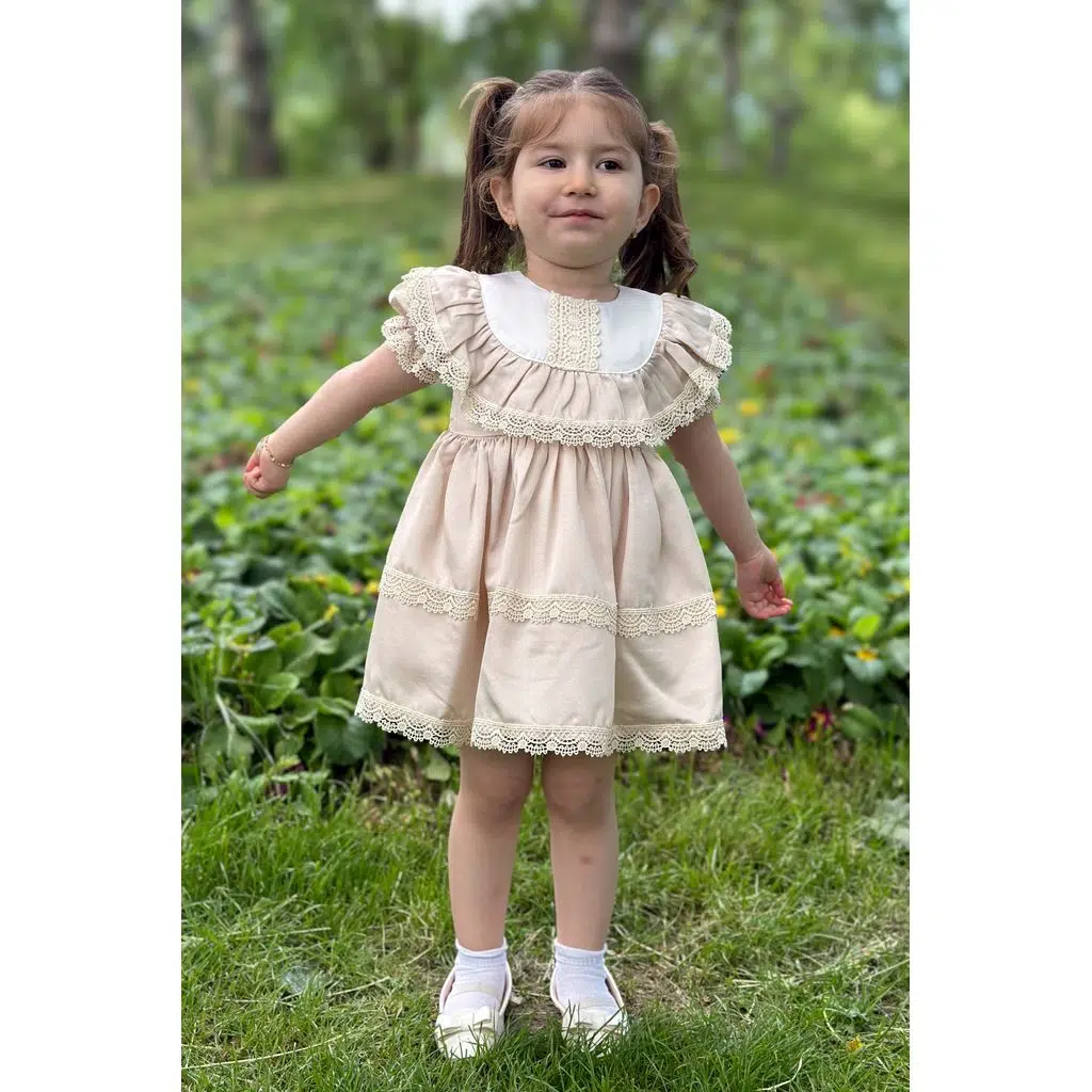 Kız Bebek Elbise Kız Çocuk Elbise Doğum Günü Parti Düğün Elbise Dantelli Kısa Kol Astarlı Elbise - Krem