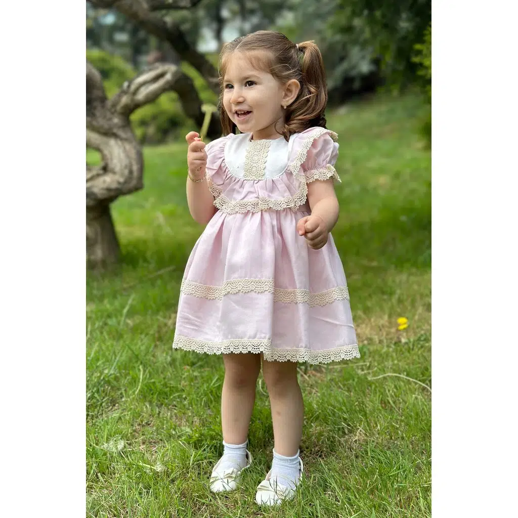 Kız Bebek Elbise Kız Çocuk Elbise Doğum Günü Parti Düğün Elbise Dantelli Kısa Kol Astarlı Elbise - Pembe