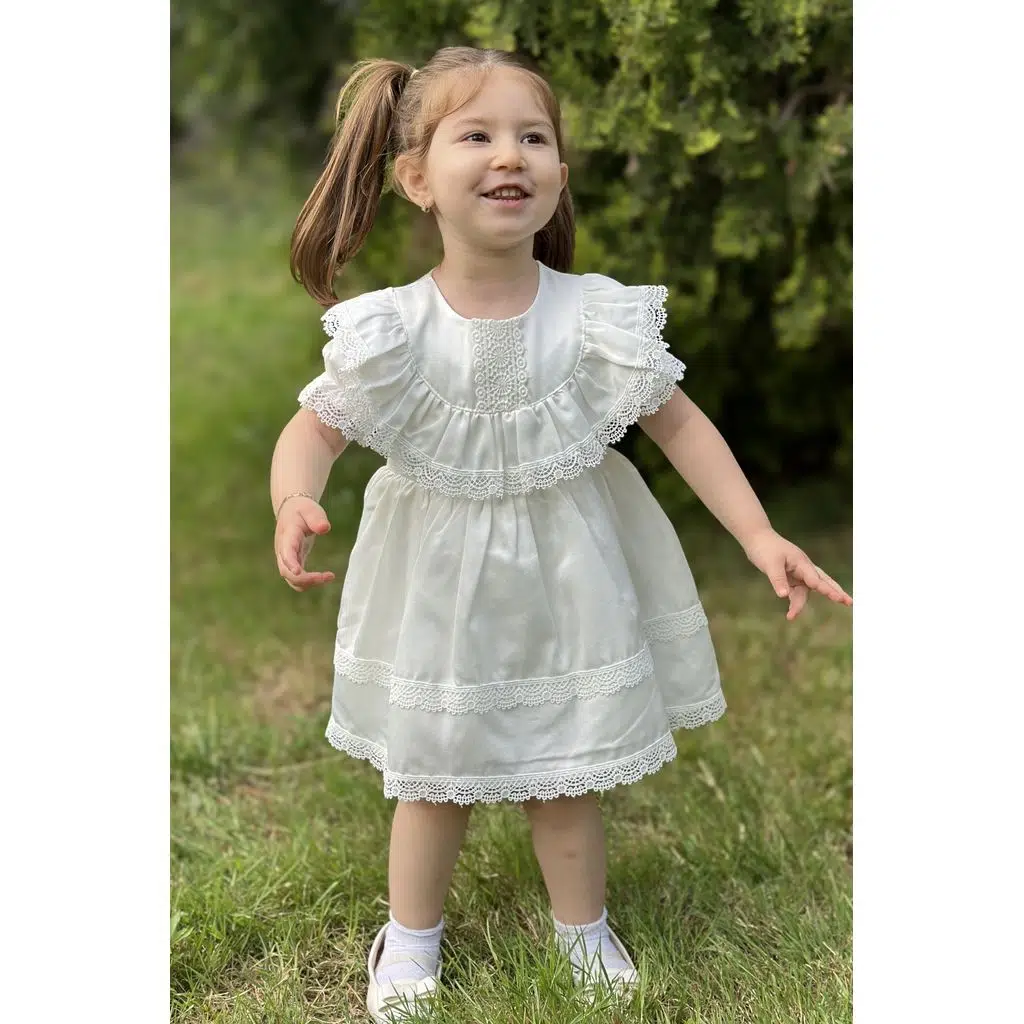 Kız Bebek Elbise Kız Çocuk Elbise Doğum Günü Parti Düğün Elbise Dantelli Kısa Kol Astarlı Elbise - Beyaz