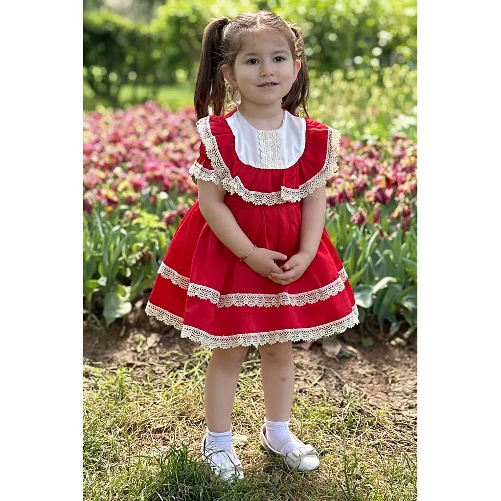 Kız Bebek Elbise Kız Çocuk Elbise Doğum Günü Parti Düğün Elbise Dantelli Kısa Kol Astarlı Elbise - Kırmızı