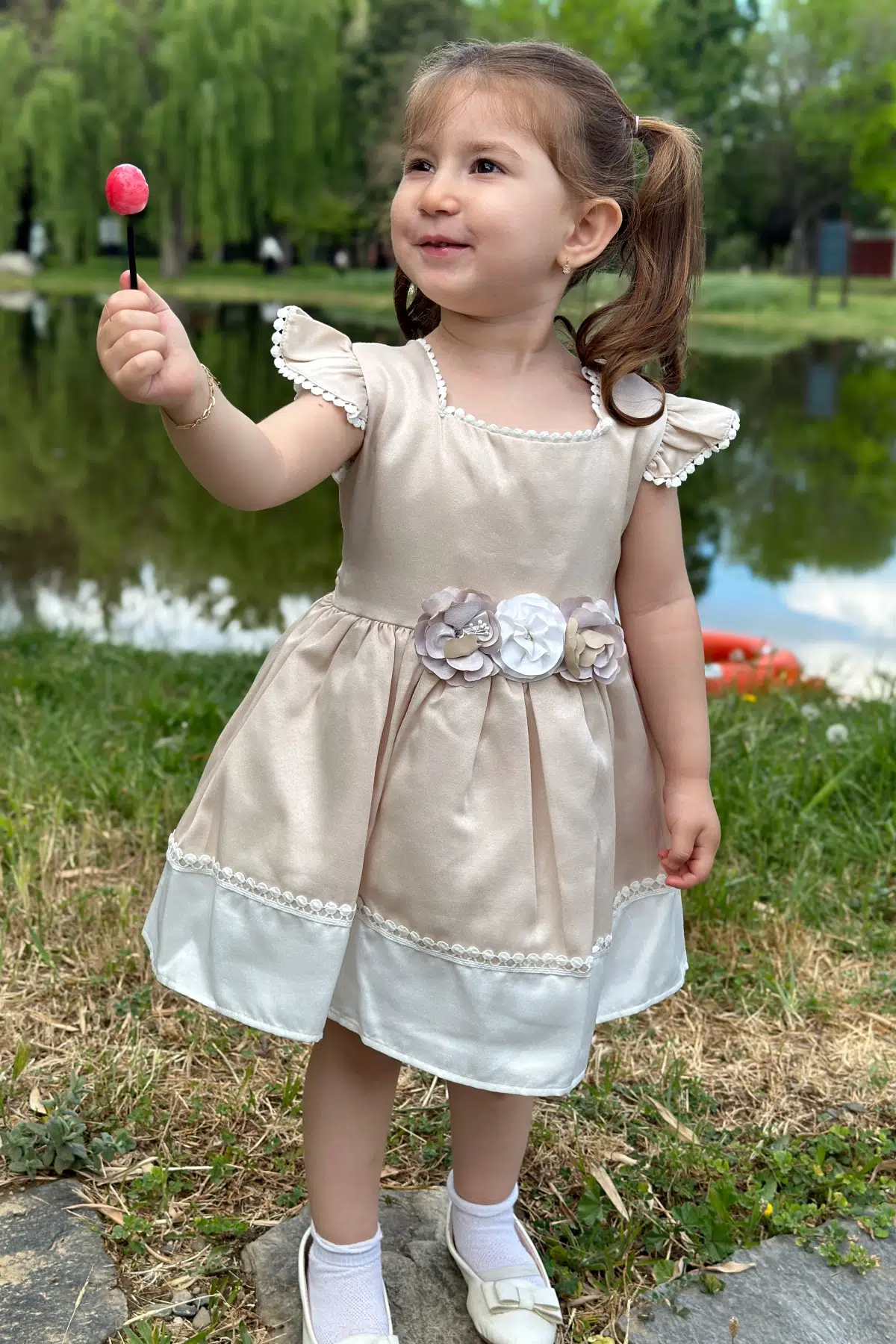 Kız Bebek Elbise Kız Çocuk Elbise Doğum Günü Parti Düğün Elbise Dantelli Kısa Kol Astarlı Elbise - Krem