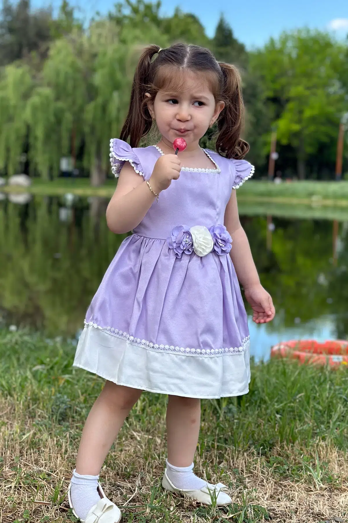 Kız Bebek Elbise Kız Çocuk Elbise Doğum Günü Parti Düğün Elbise Dantelli Kısa Kol Astarlı Elbise - Mor