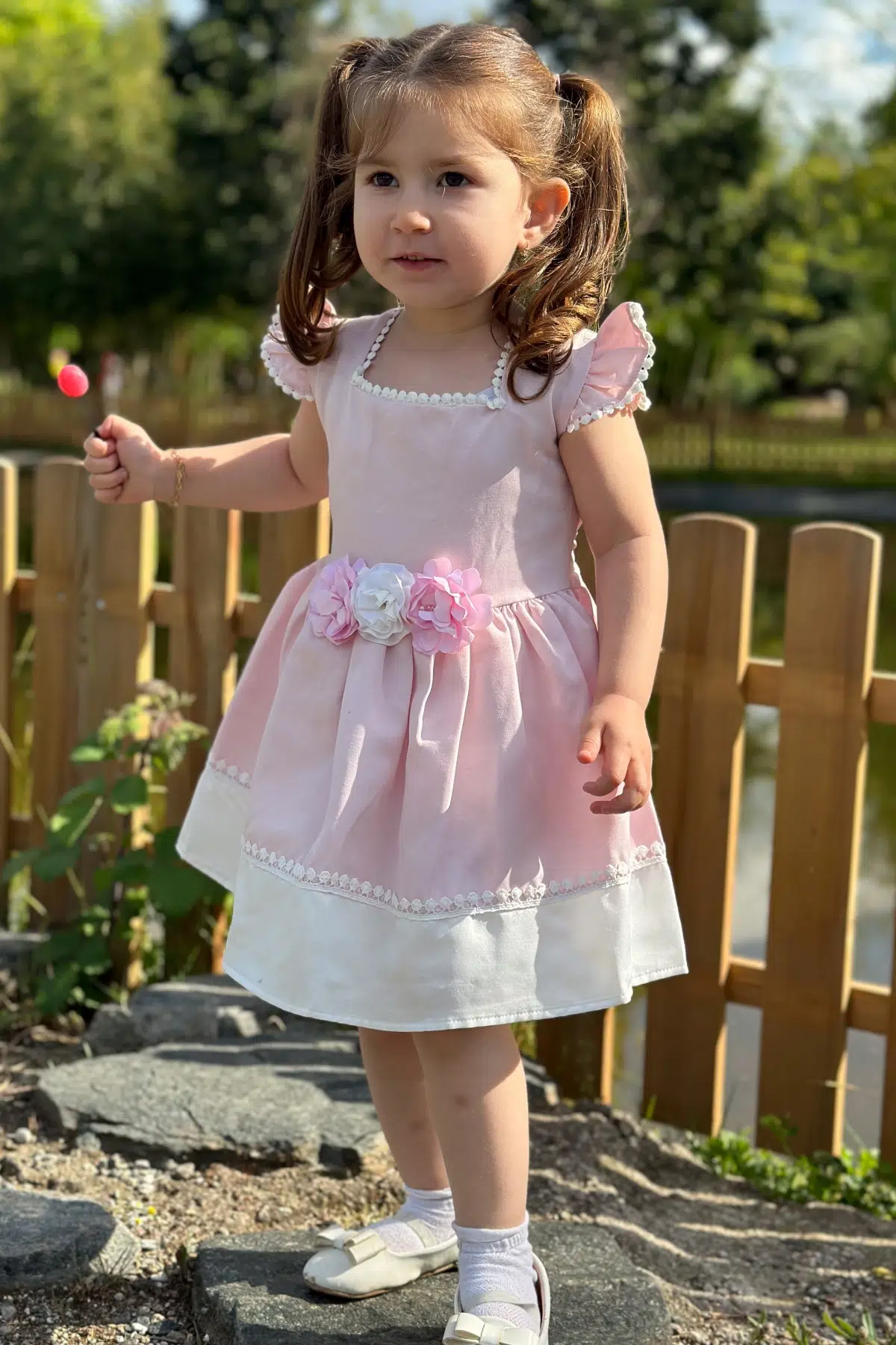 Kız Bebek Elbise Kız Çocuk Elbise Doğum Günü Parti Düğün Elbise Dantelli Kısa Kol Astarlı Elbise - Pembe