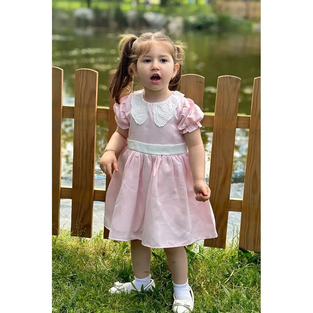 Kız Bebek Elbise Kız Çocuk Elbise Doğum Günü Parti Düğün Elbise Dantelli Kısa Kol Astarlı Elbise - Pembe