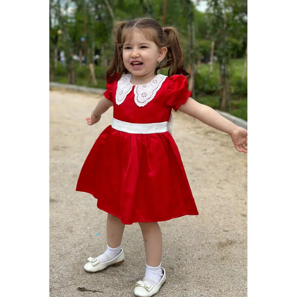 Kız Bebek Elbise Kız Çocuk Elbise Doğum Günü Parti Düğün Elbise Dantelli Kısa Kol Astarlı Elbise - Kırmızı