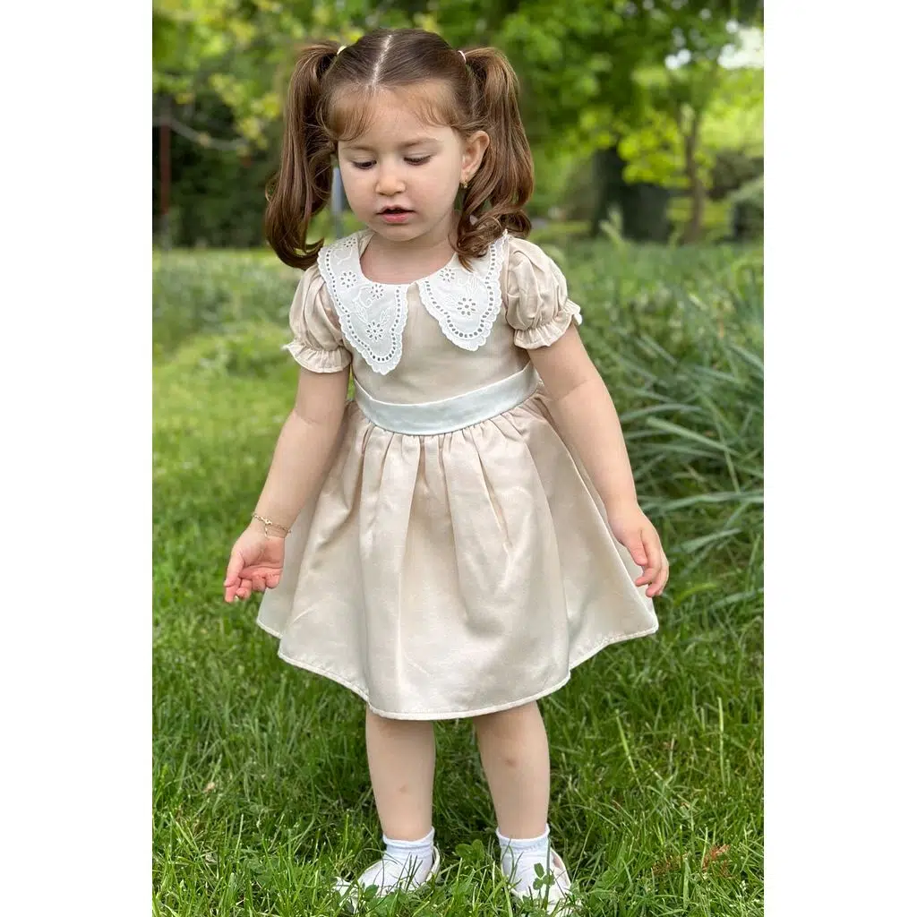 Kız Bebek Elbise Kız Çocuk Elbise Doğum Günü Parti Düğün Elbise Dantelli Kısa Kol Astarlı Elbise - Krem