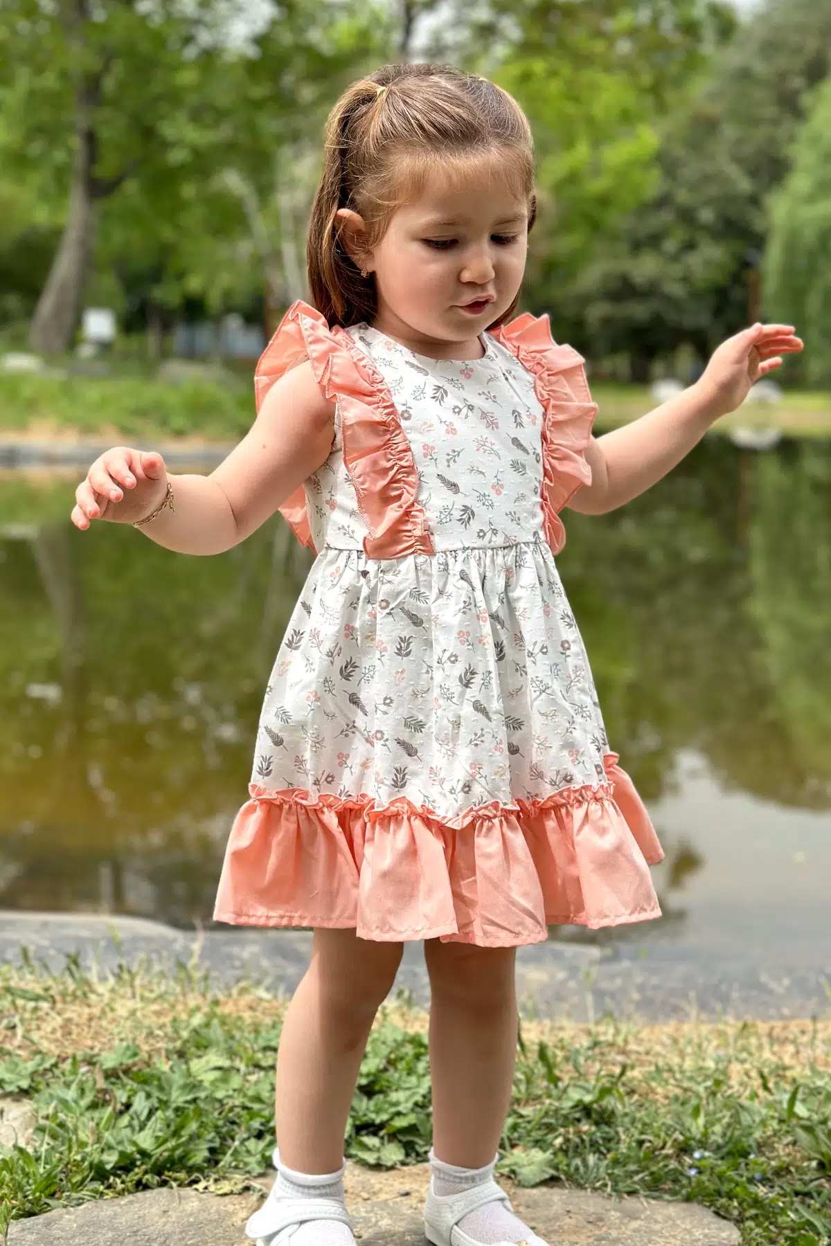 Kız Bebek Elbise Kız Çocuk Elbise Doğum Günü Parti Düğün Elbise Dantelli Kısa Kol Astarlı Elbise - Somon