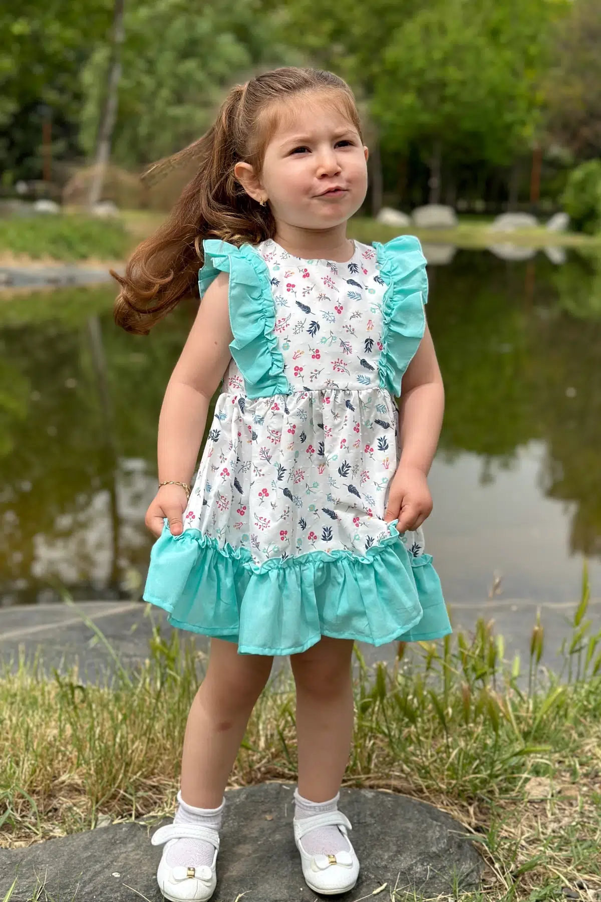 Kız Bebek Elbise Kız Çocuk Elbise Doğum Günü Parti Düğün Elbise Dantelli Kısa Kol Astarlı Elbise - Mavi