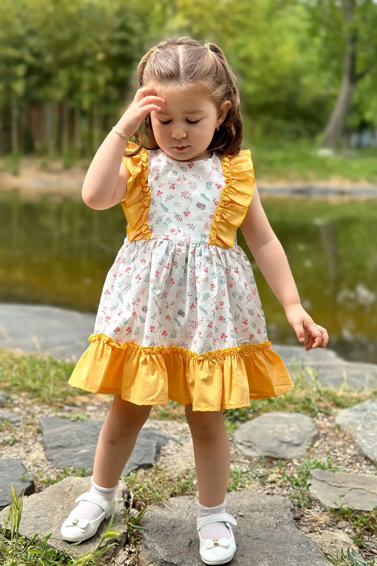 Kız Bebek Elbise Kız Çocuk Elbise Doğum Günü Parti Düğün Elbise Dantelli Kısa Kol Astarlı Elbise - Sarı