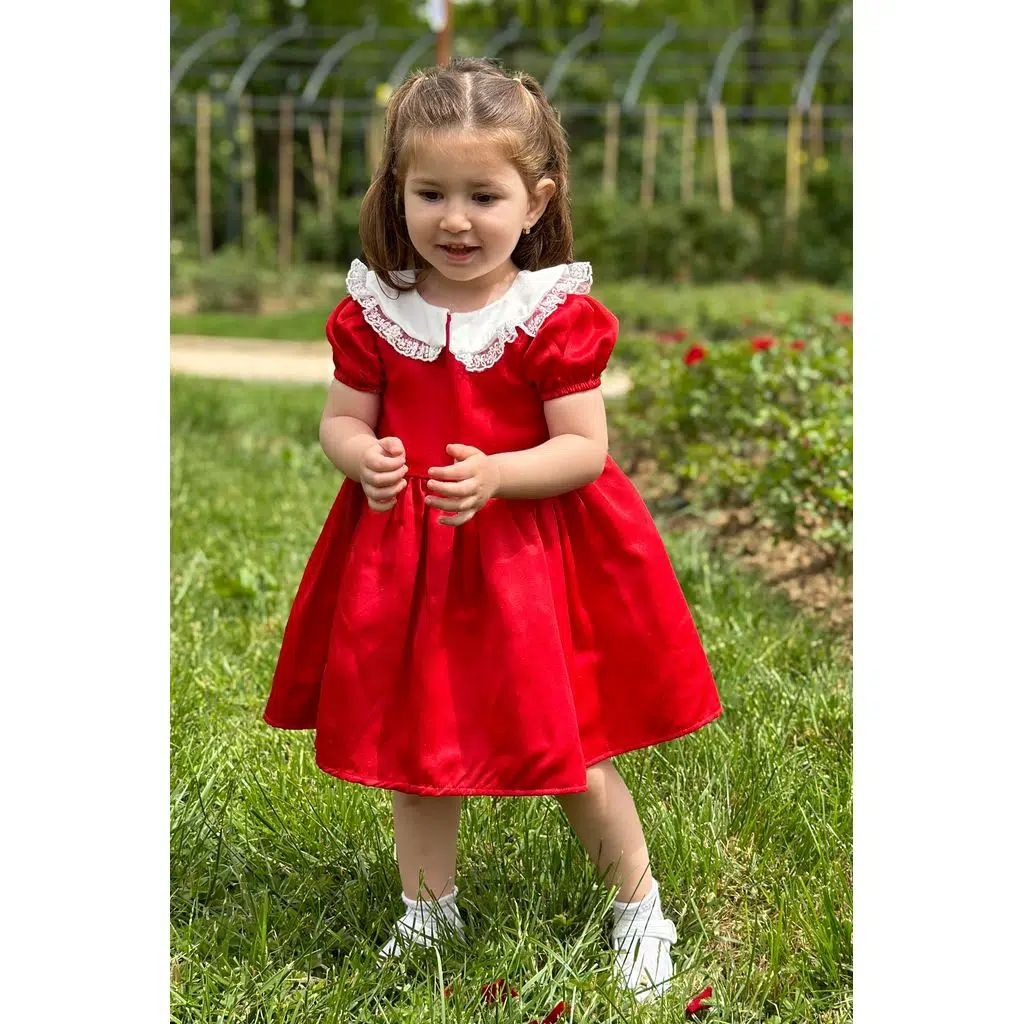 Kız Bebek Elbise Kız Çocuk Elbise Doğum Günü Parti Düğün Elbise Dantelli Kısa Kol Astarlı Elbise - Kırmızı