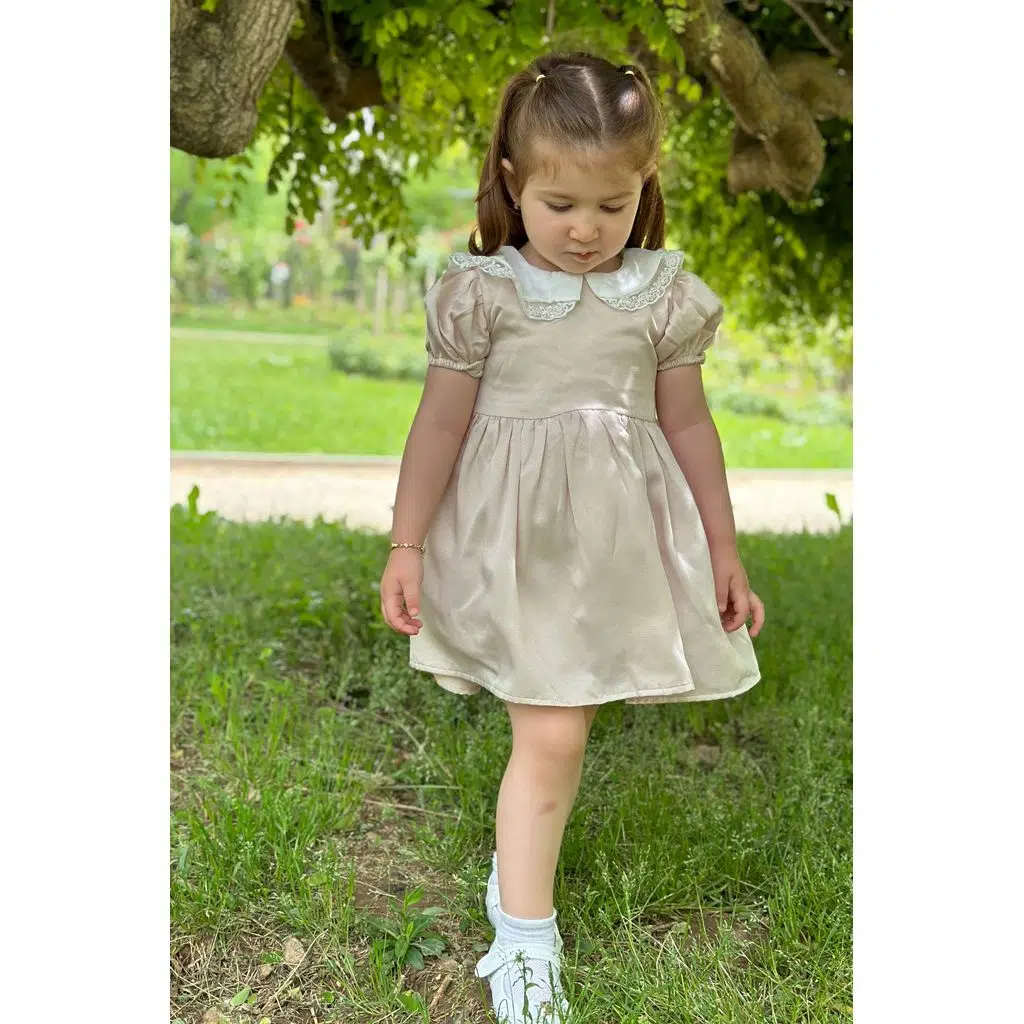 Kız Bebek Elbise Kız Çocuk Elbise Doğum Günü Parti Düğün Elbise Dantelli Kısa Kol Astarlı Elbise - Krem