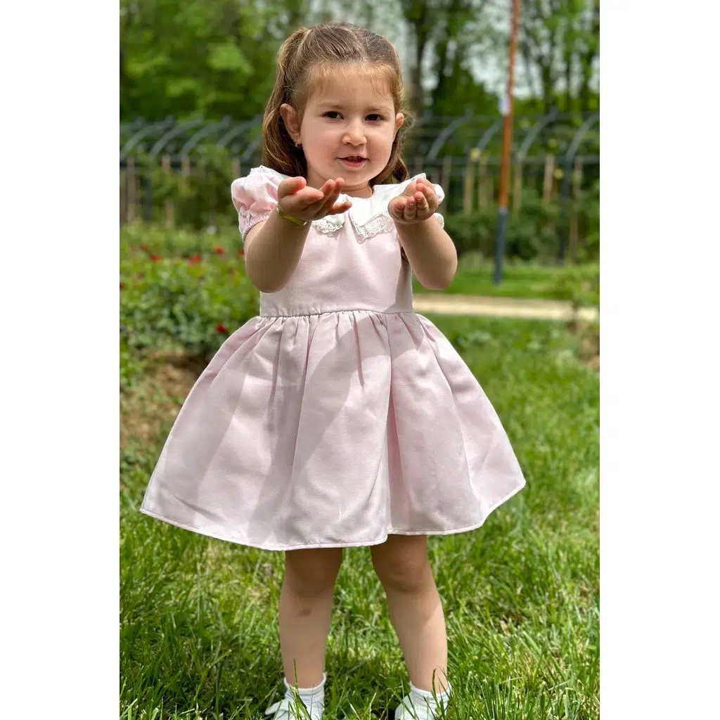 Kız Bebek Elbise Kız Çocuk Elbise Doğum Günü Parti Düğün Elbise Dantelli Kısa Kol Astarlı Elbise - Pembe