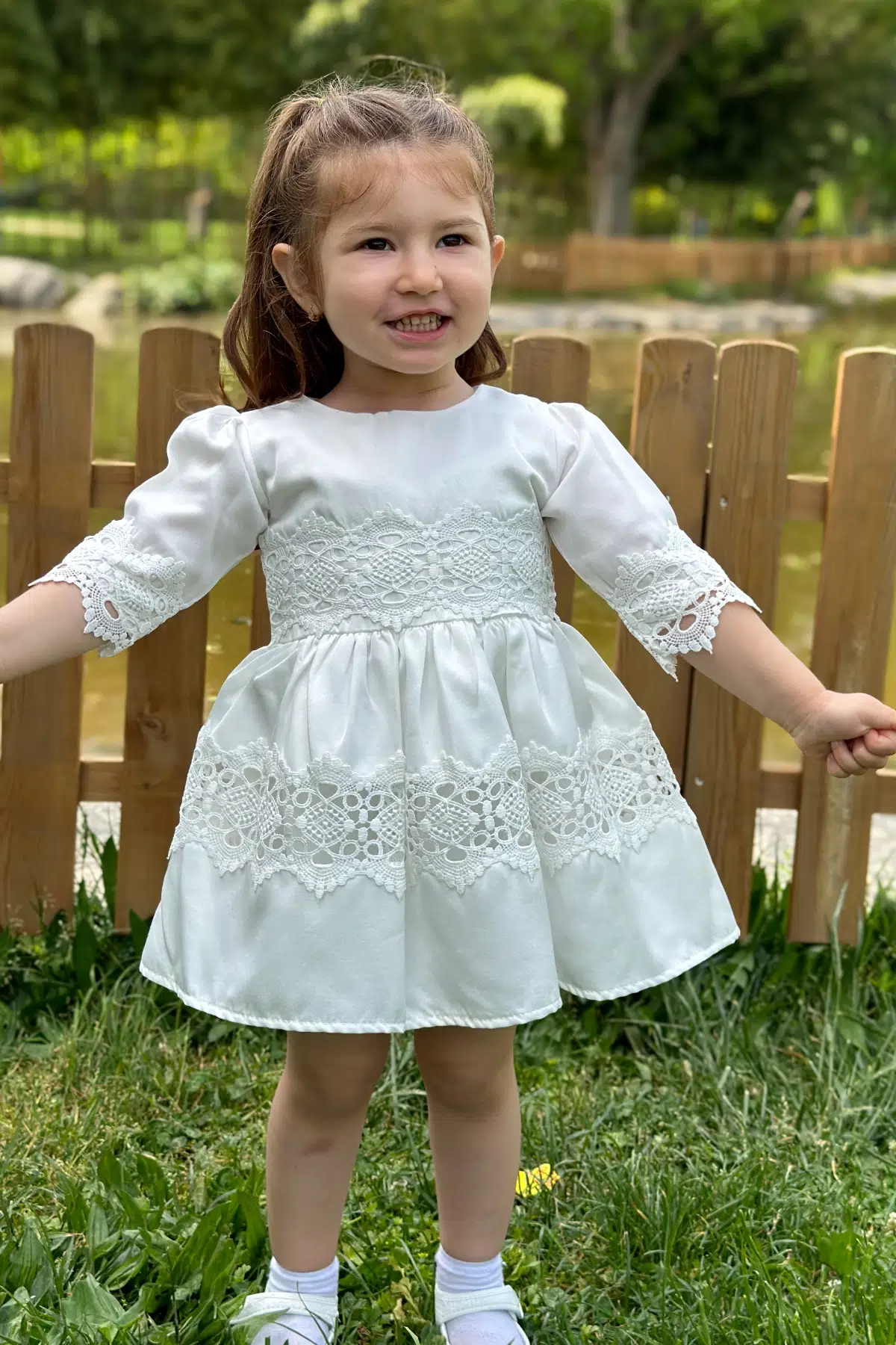 Kız Bebek Elbise Kız Çocuk Elbise Doğum Günü Parti Düğün Elbise Dantelli Kısa Kol Astarlı Elbise - Beyaz