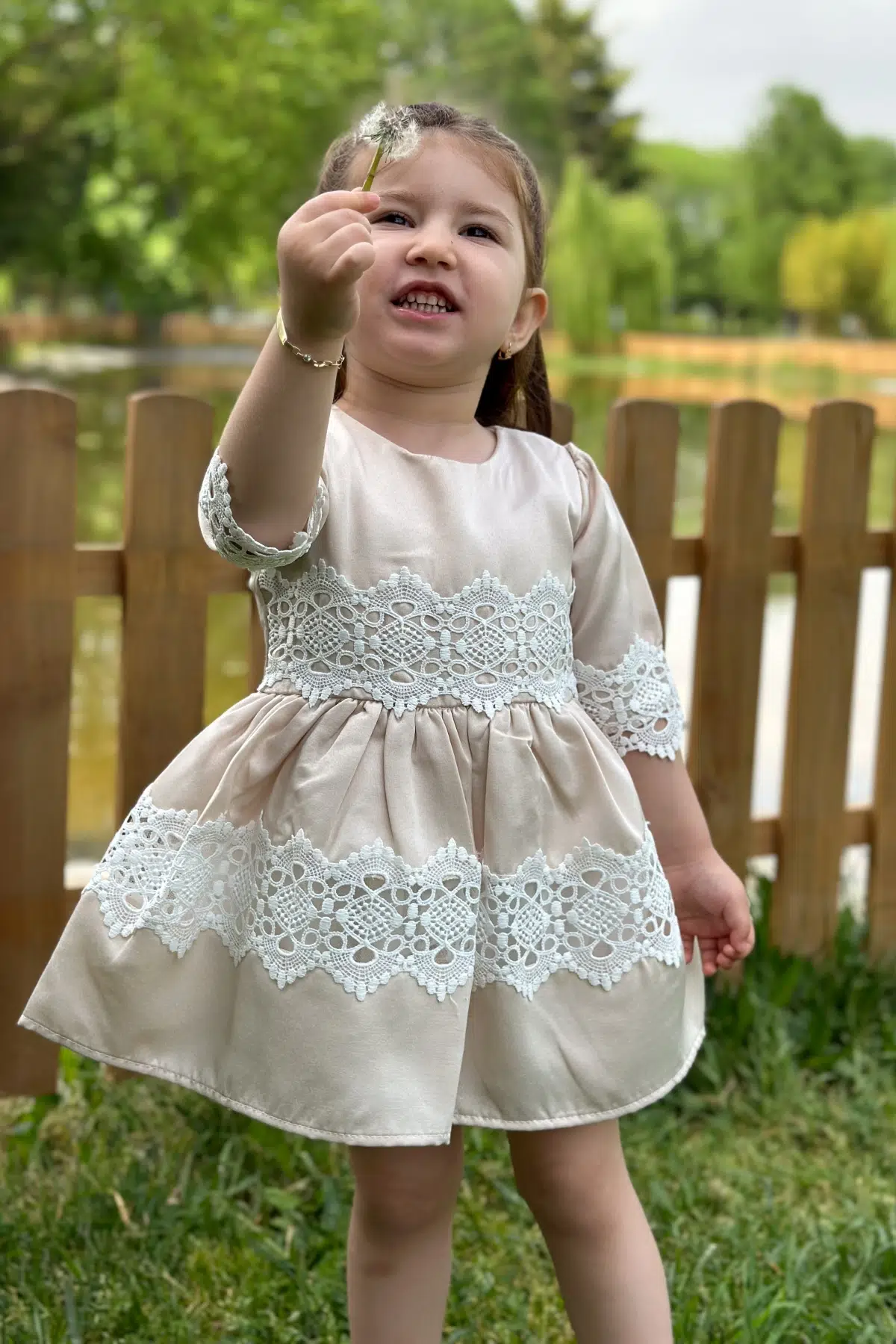 Kız Bebek Elbise Kız Çocuk Elbise Doğum Günü Parti Düğün Elbise Dantelli Kısa Kol Astarlı Elbise - Krem