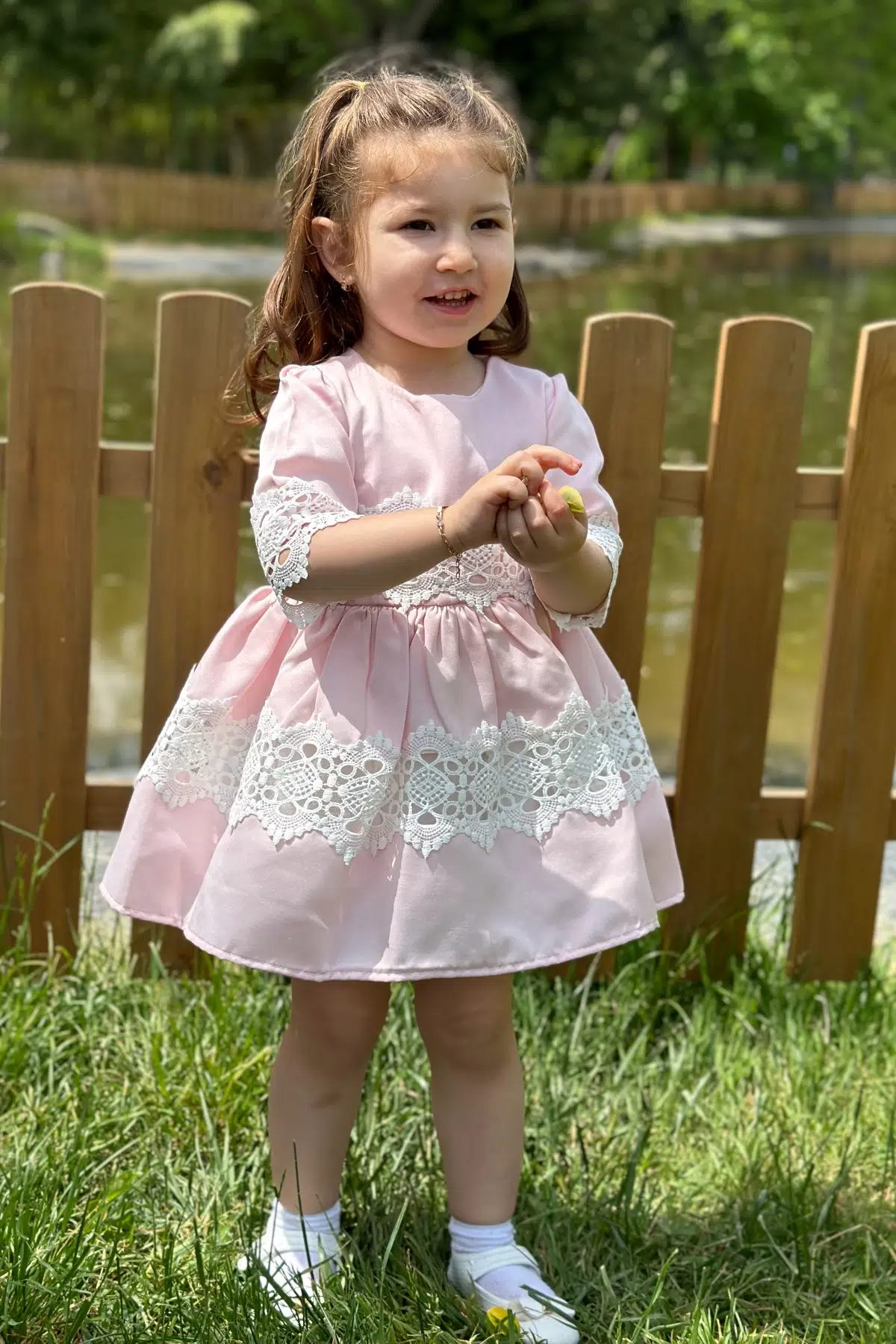 Kız Bebek Elbise Kız Çocuk Elbise Doğum Günü Parti Düğün Elbise Dantelli Kısa Kol Astarlı Elbise - Pembe