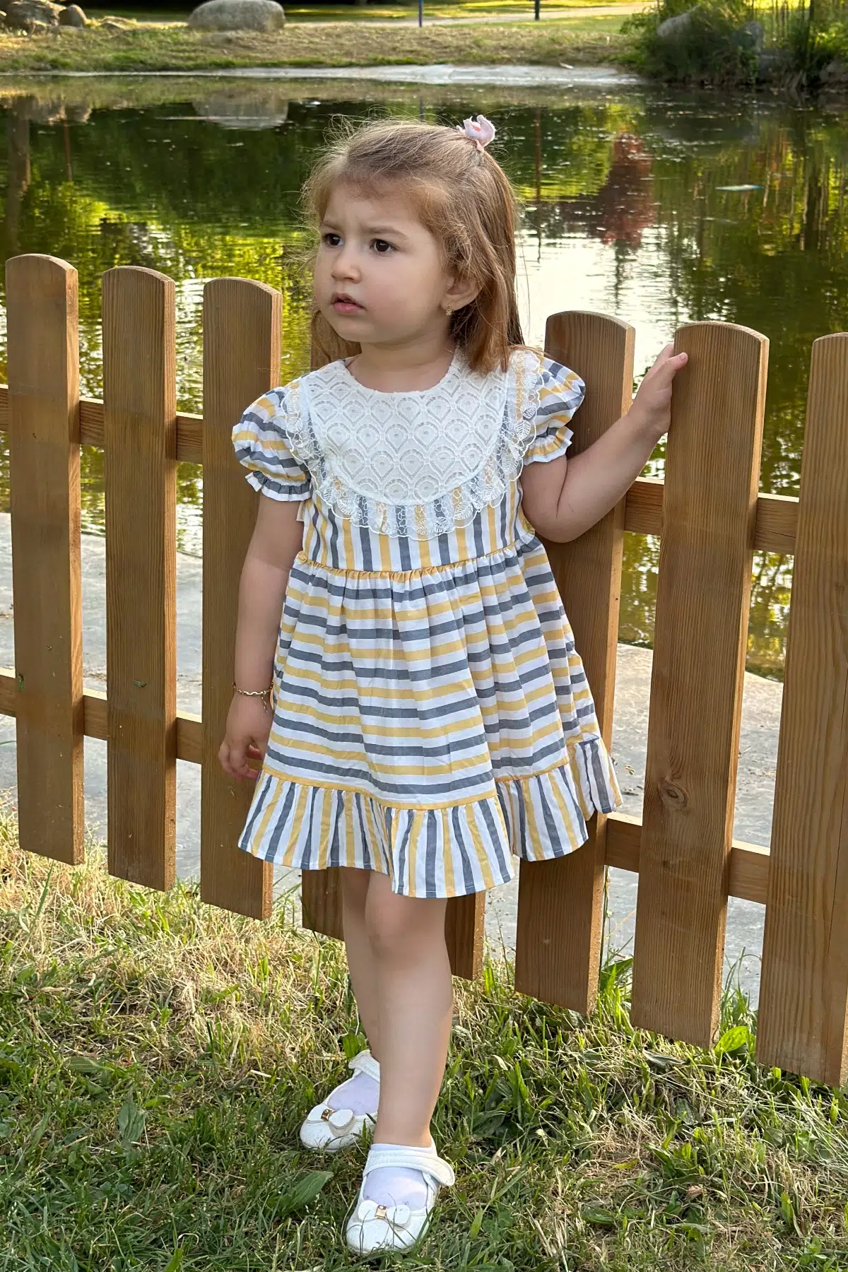 Kız Bebek Elbise Kız Çocuk Elbise Doğum Günü Parti Düğün Elbise Dantelli Kısa Kol Astarlı Elbise - Sarı