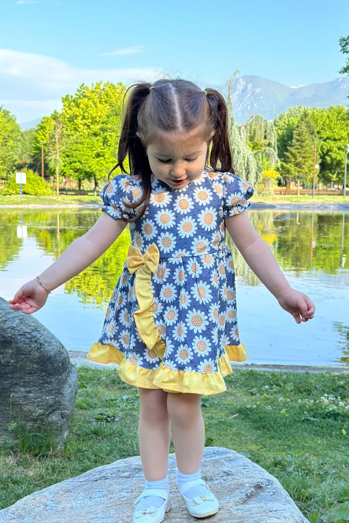 Kız Bebek Elbise Kız Çocuk Elbise Doğum Günü Parti Düğün Elbise Dantelli Kısa Kol Astarlı Elbise - Mavi