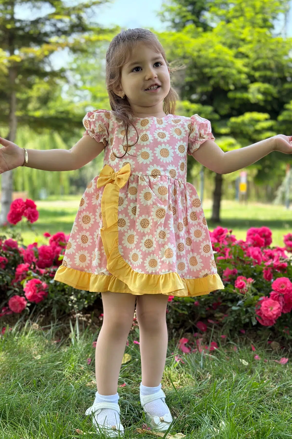 Kız Bebek Elbise Kız Çocuk Elbise Doğum Günü Parti Düğün Elbise Dantelli Kısa Kol Astarlı Elbise - Pembe