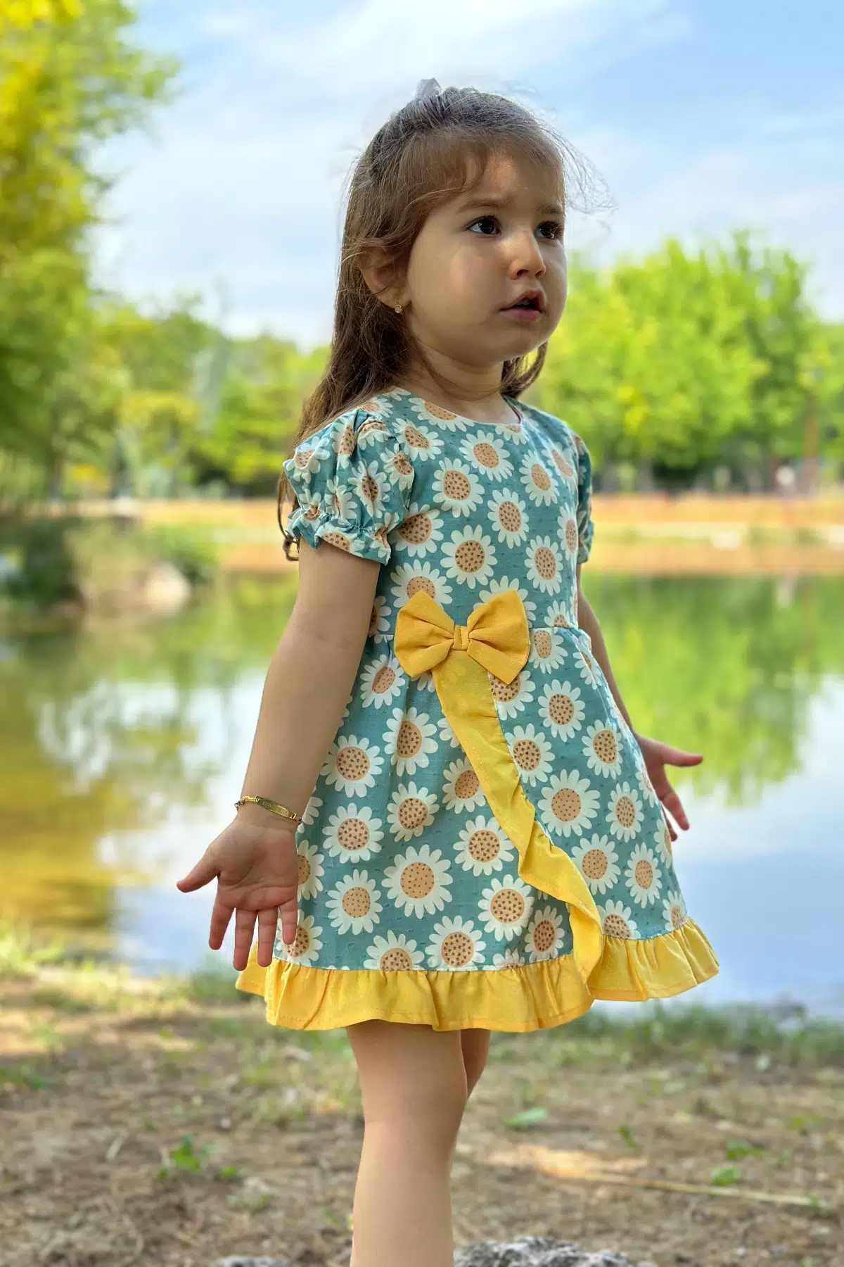 Kız Bebek Elbise Kız Çocuk Elbise Doğum Günü Parti Düğün Elbise Dantelli Kısa Kol Astarlı Elbise - Yeşil