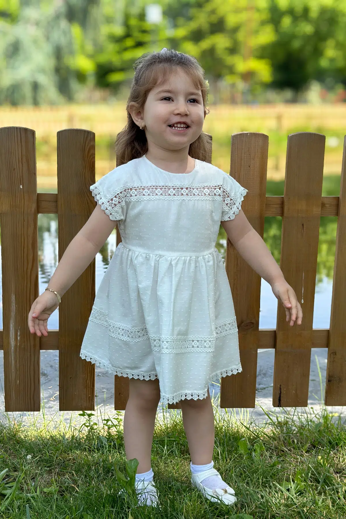 Kız Bebek Elbise Kız Çocuk Elbise Doğum Günü Parti Düğün Elbise Dantelli Kısa Kol Astarlı Elbise - Beyaz