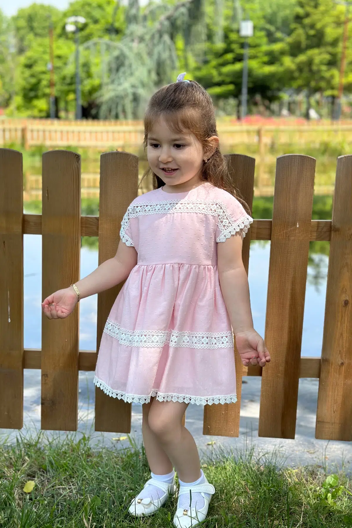 Kız Bebek Elbise Kız Çocuk Elbise Doğum Günü Parti Düğün Elbise Dantelli Kısa Kol Astarlı Elbise - Pembe