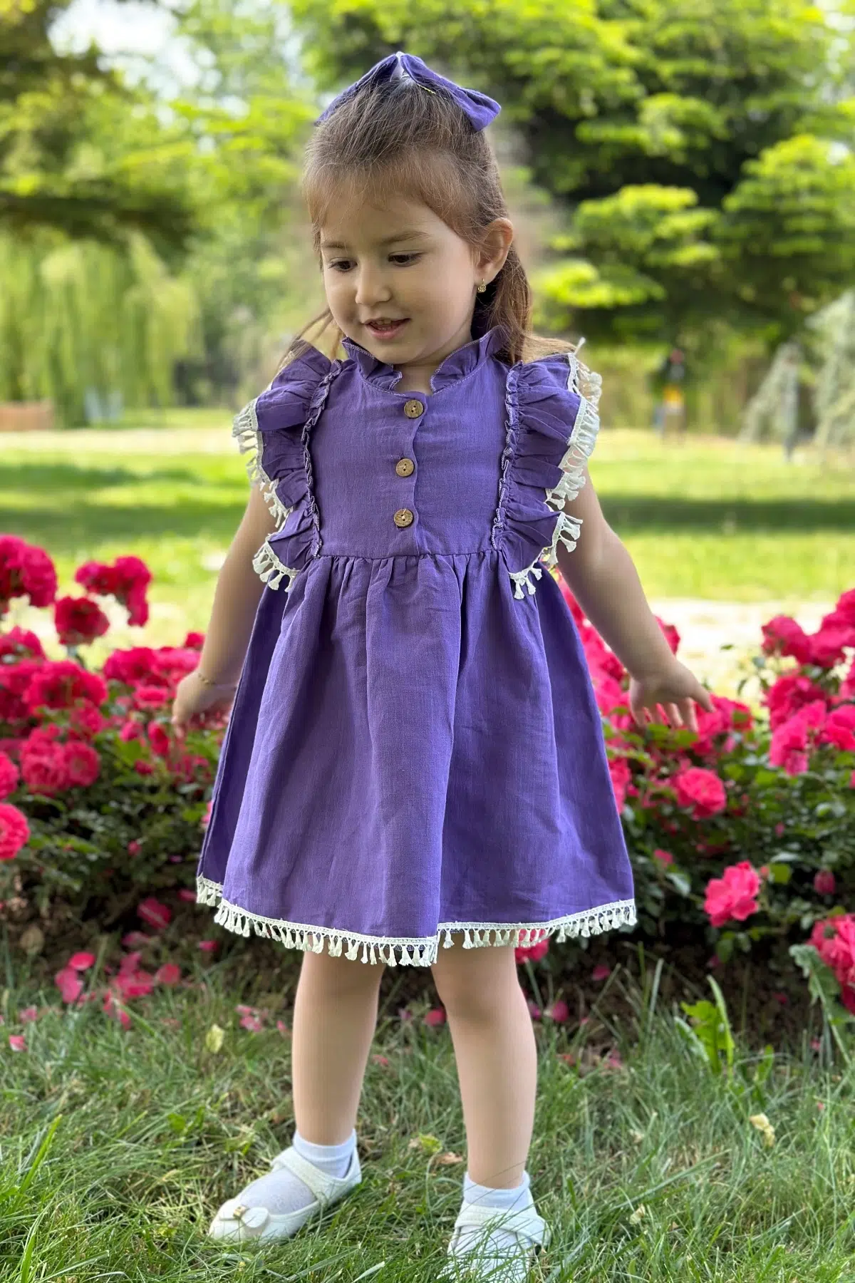 Kız Bebek Elbise Kız Çocuk Elbise Doğum Günü Parti Düğün Elbise Dantelli Kısa Kol Astarlı Elbise - Mor