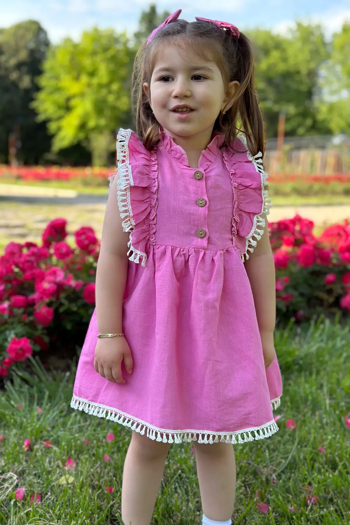 Kız Bebek Elbise Kız Çocuk Elbise Doğum Günü Parti Düğün Elbise Dantelli Kısa Kol Astarlı Elbise - Pembe