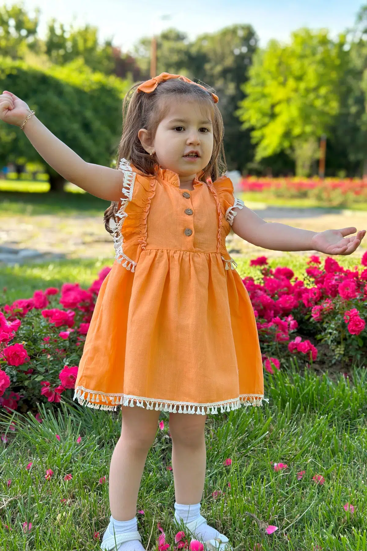 Kız Bebek Elbise Kız Çocuk Elbise Doğum Günü Parti Düğün Elbise Dantelli Kısa Kol Astarlı Elbise - Turuncu