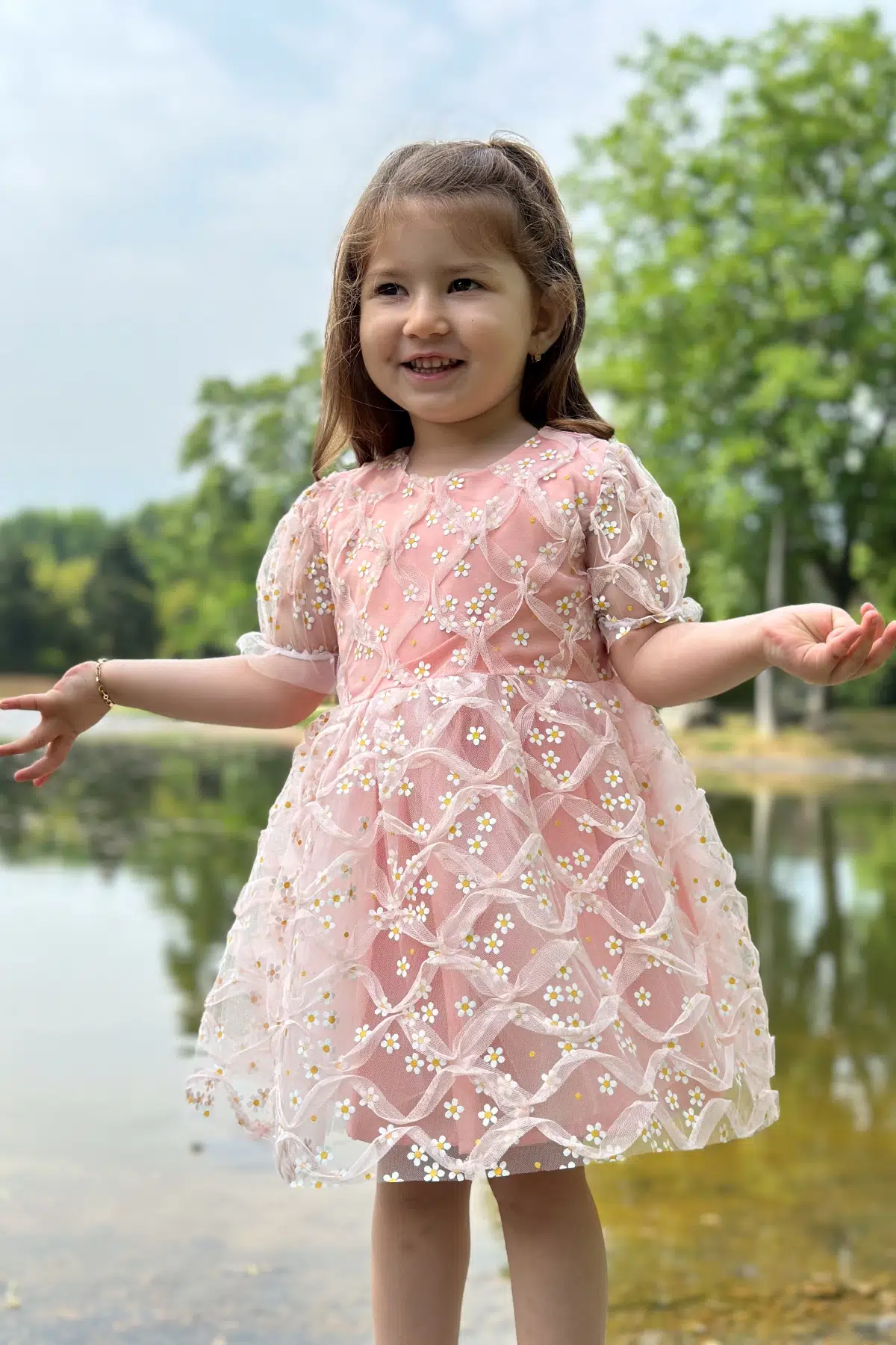 Kız Bebek Elbise Kız Çocuk Elbise Doğum Günü Parti Düğün Elbise Dantelli Kısa Kol Astarlı Elbise - Pudra