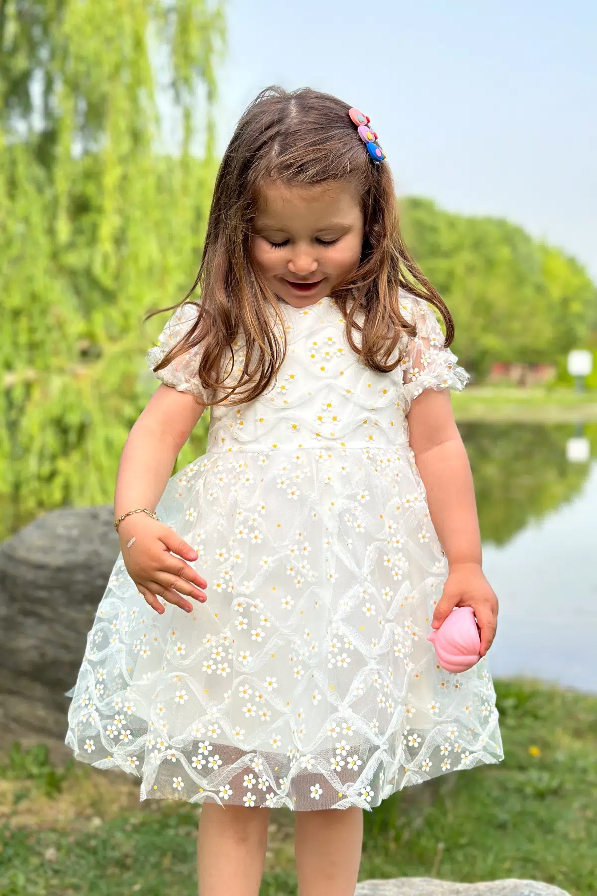 Kız Bebek Elbise Kız Çocuk Elbise Doğum Günü Parti Düğün Elbise Dantelli Kısa Kol Astarlı Elbise - Beyaz