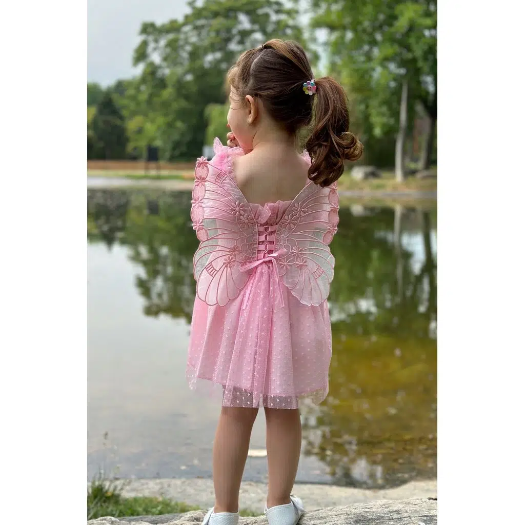 Kız Bebek Elbise Kız Çocuk Elbise Doğum Günü Parti Düğün Elbise Dantelli Kısa Kol Astarlı Elbise - Pembe