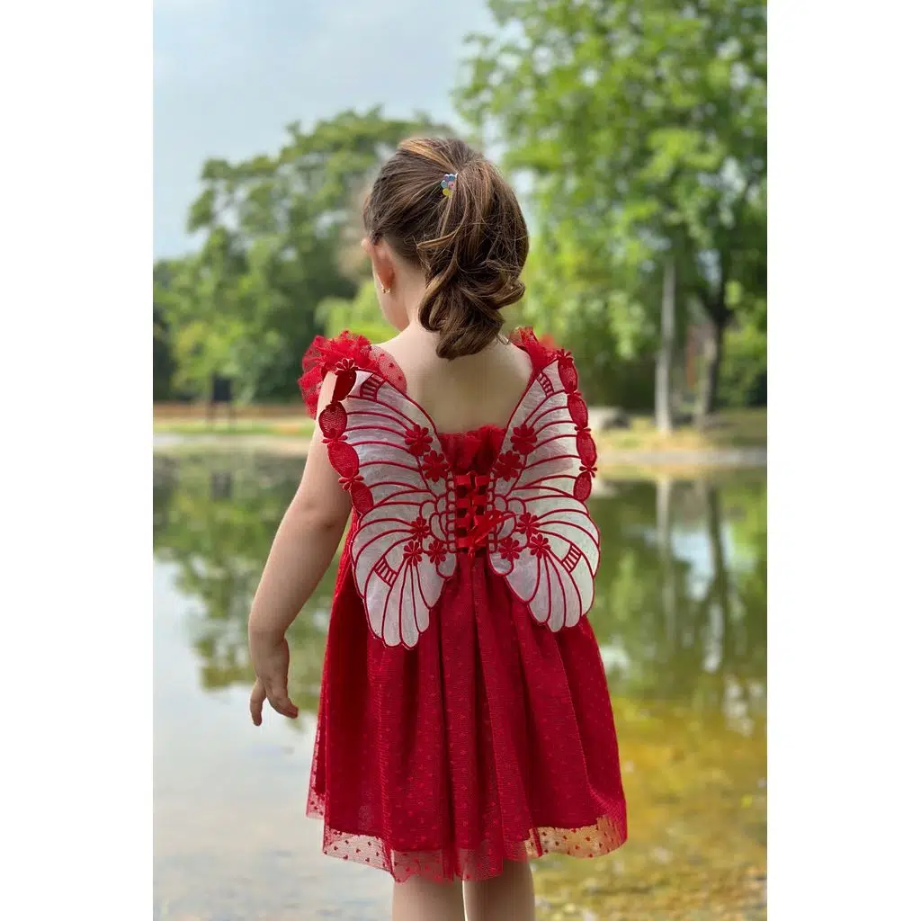Kız Bebek Elbise Kız Çocuk Elbise Doğum Günü Parti Düğün Elbise Dantelli Kısa Kol Astarlı Elbise - Kırmızı