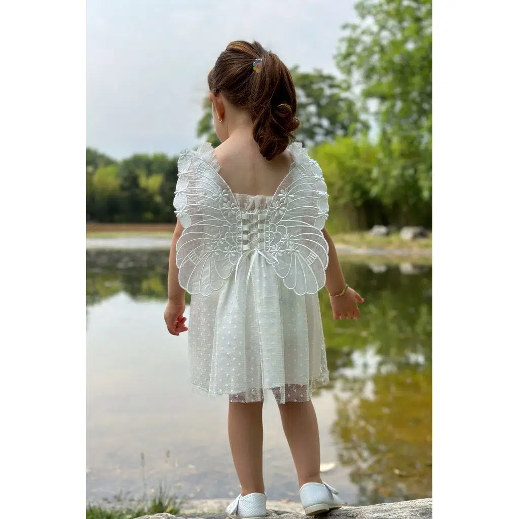 Kız Bebek Elbise Kız Çocuk Elbise Doğum Günü Parti Düğün Elbise Dantelli Kısa Kol Astarlı Elbise - Beyaz