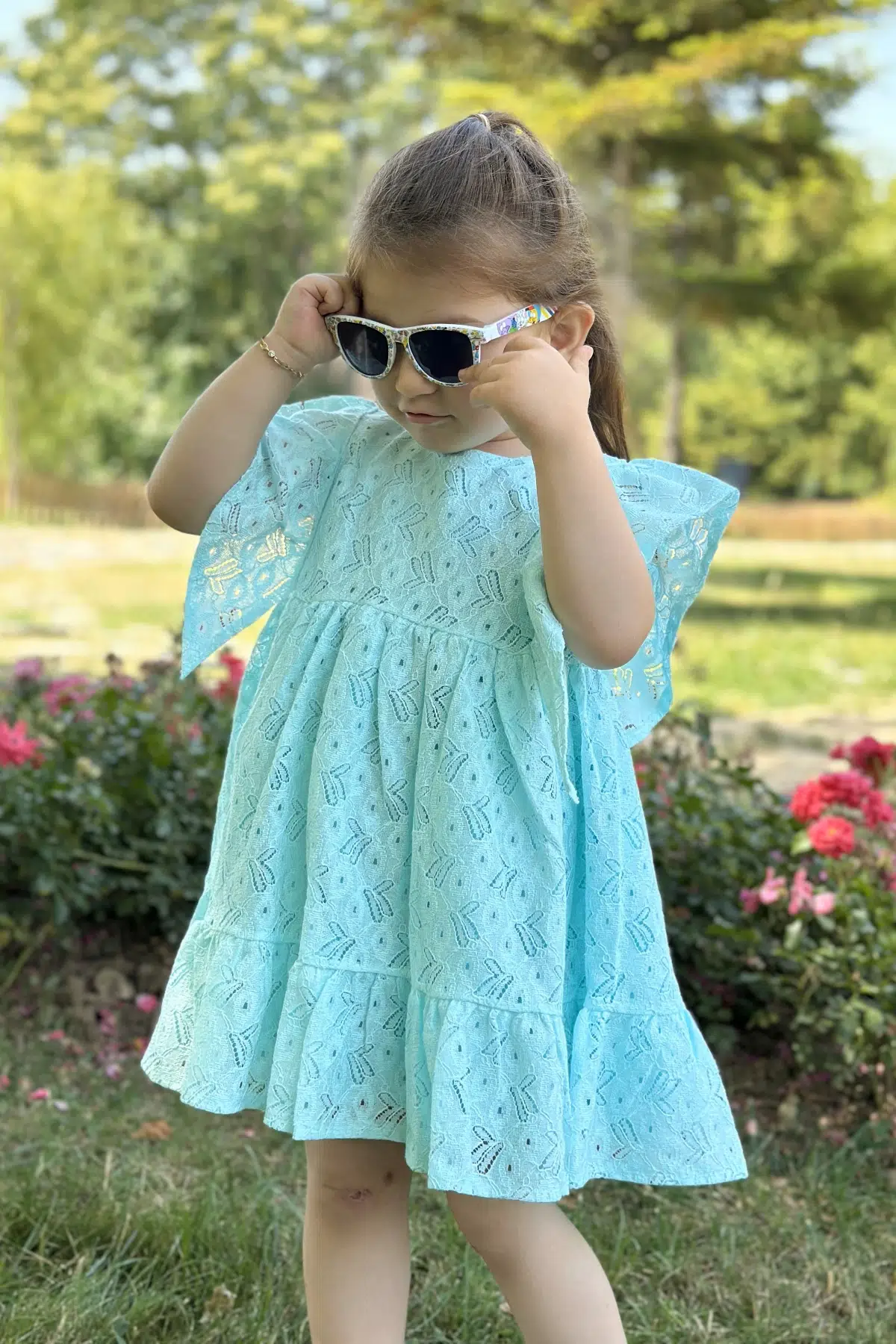 Kız Bebek Elbise Kız Çocuk Elbise Doğum Günü Parti Düğün Elbise Dantelli Kısa Kol Astarlı Elbise - Yeşil