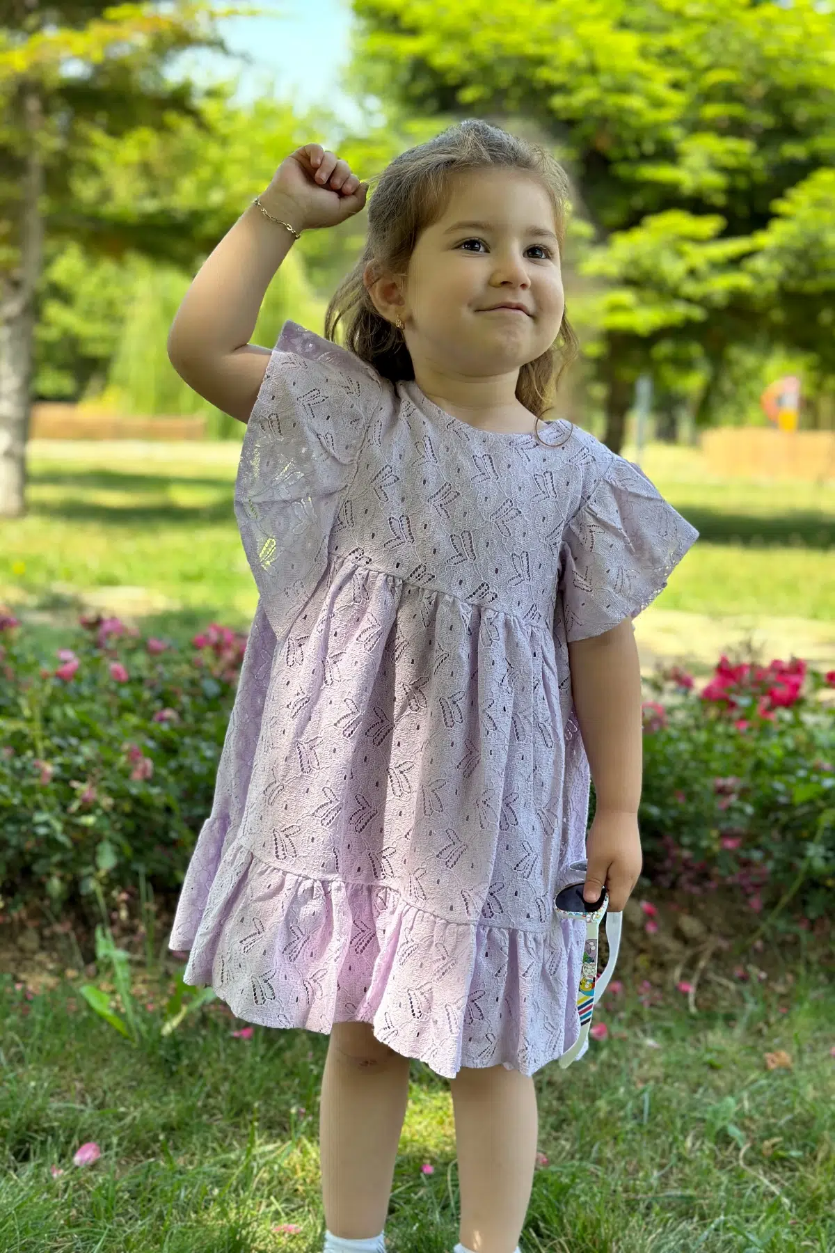 Kız Bebek Elbise Kız Çocuk Elbise Doğum Günü Parti Düğün Elbise Dantelli Kısa Kol Astarlı Elbise - Mor