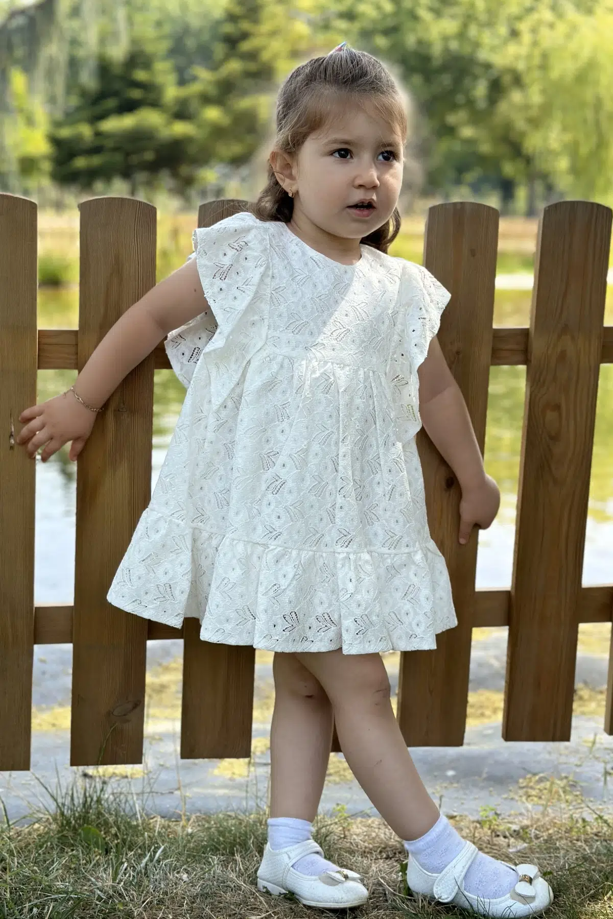 Kız Bebek Elbise Kız Çocuk Elbise Doğum Günü Parti Düğün Elbise Dantelli Kısa Kol Astarlı Elbise - Beyaz