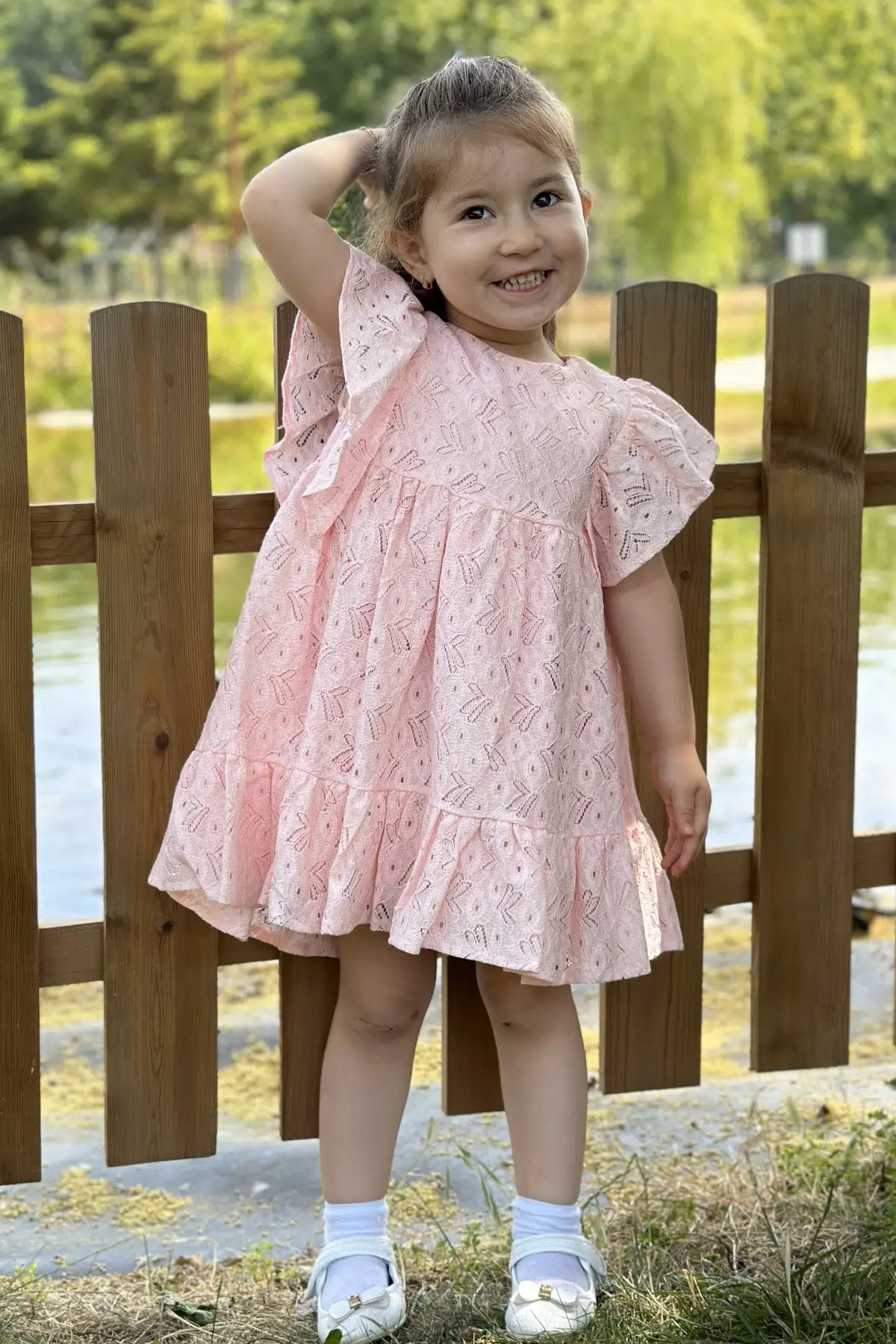 Kız Bebek Elbise Kız Çocuk Elbise Doğum Günü Parti Düğün Elbise Dantelli Kısa Kol Astarlı Elbise - Pembe