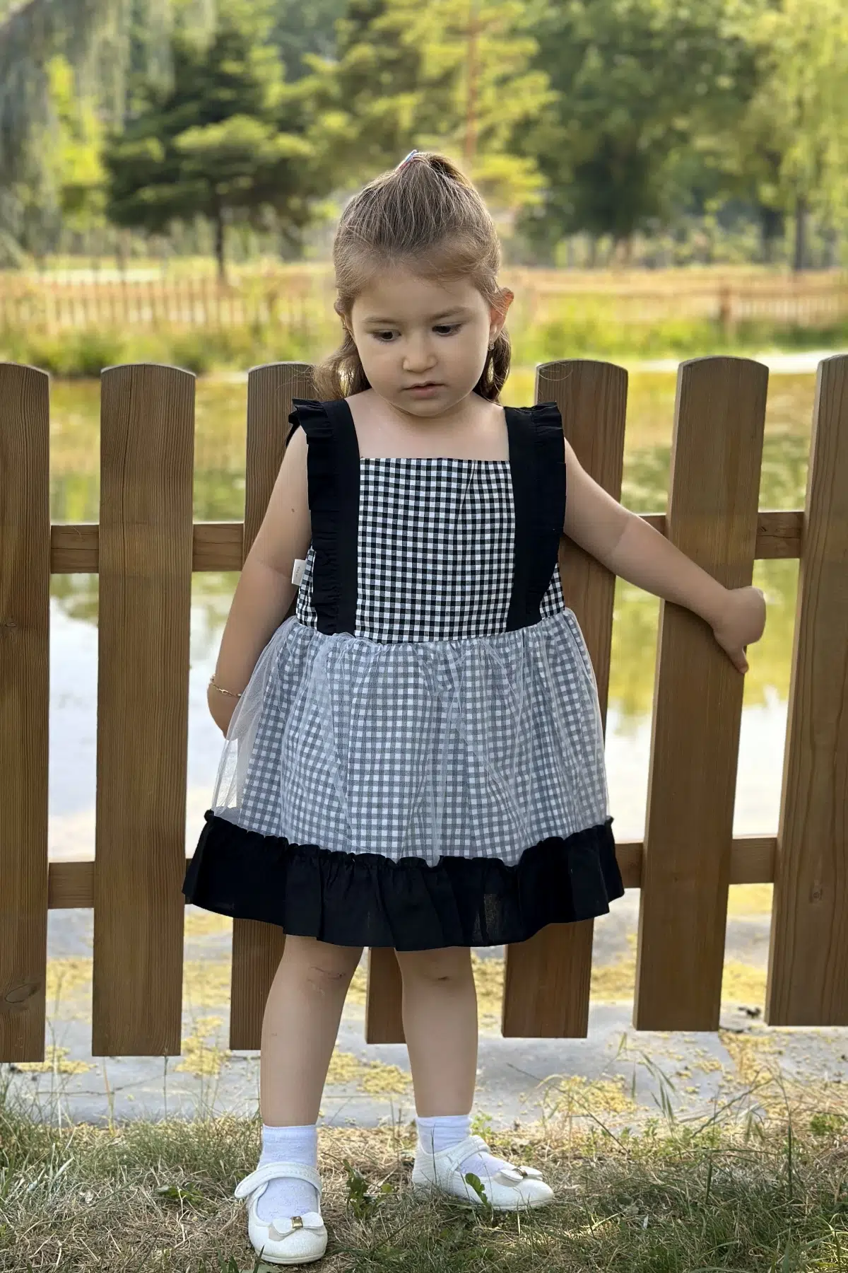 Kız Bebek Elbise Kız Çocuk Elbise Doğum Günü Parti Düğün Elbise Dantelli Kısa Kol Astarlı Elbise - Siyah