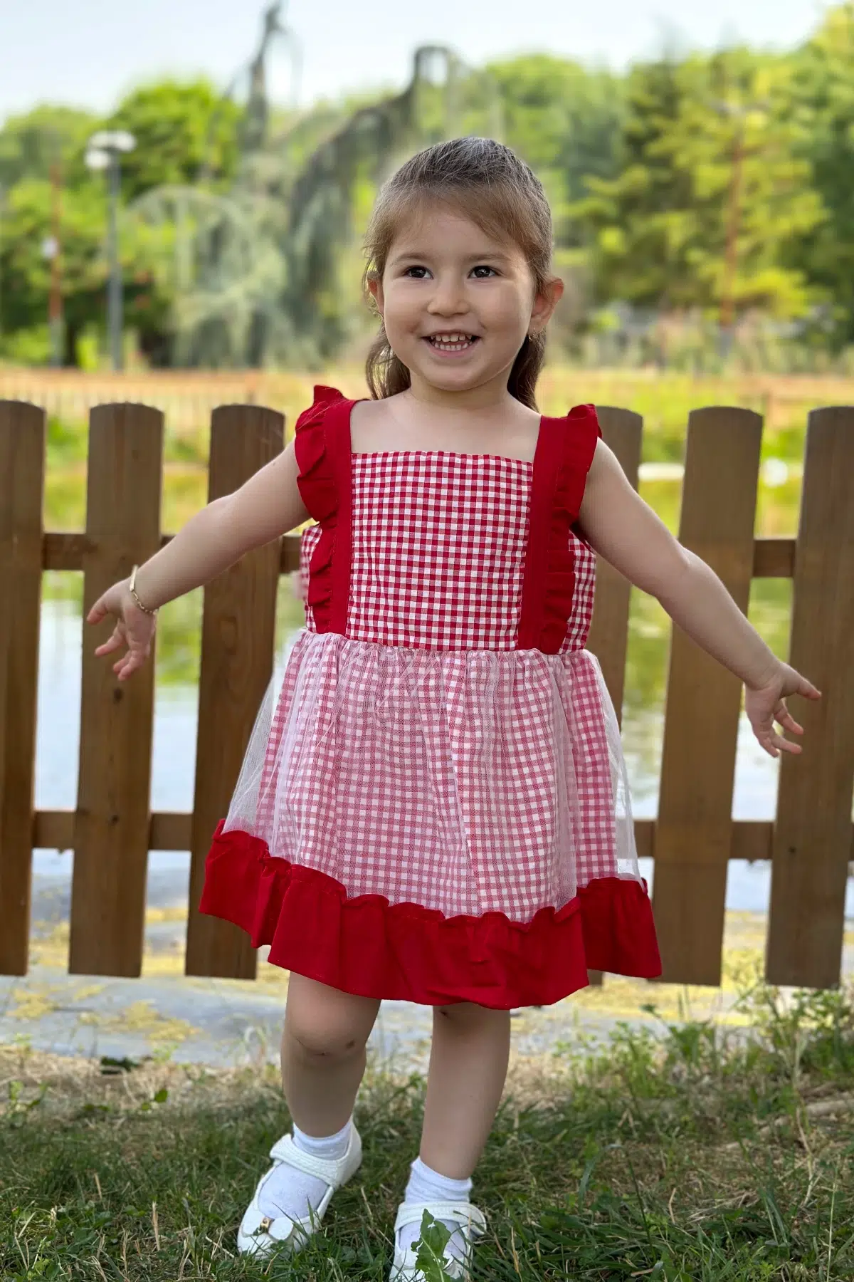 Kız Bebek Elbise Kız Çocuk Elbise Doğum Günü Parti Düğün Elbise Dantelli Kısa Kol Astarlı Elbise - Kırmızı