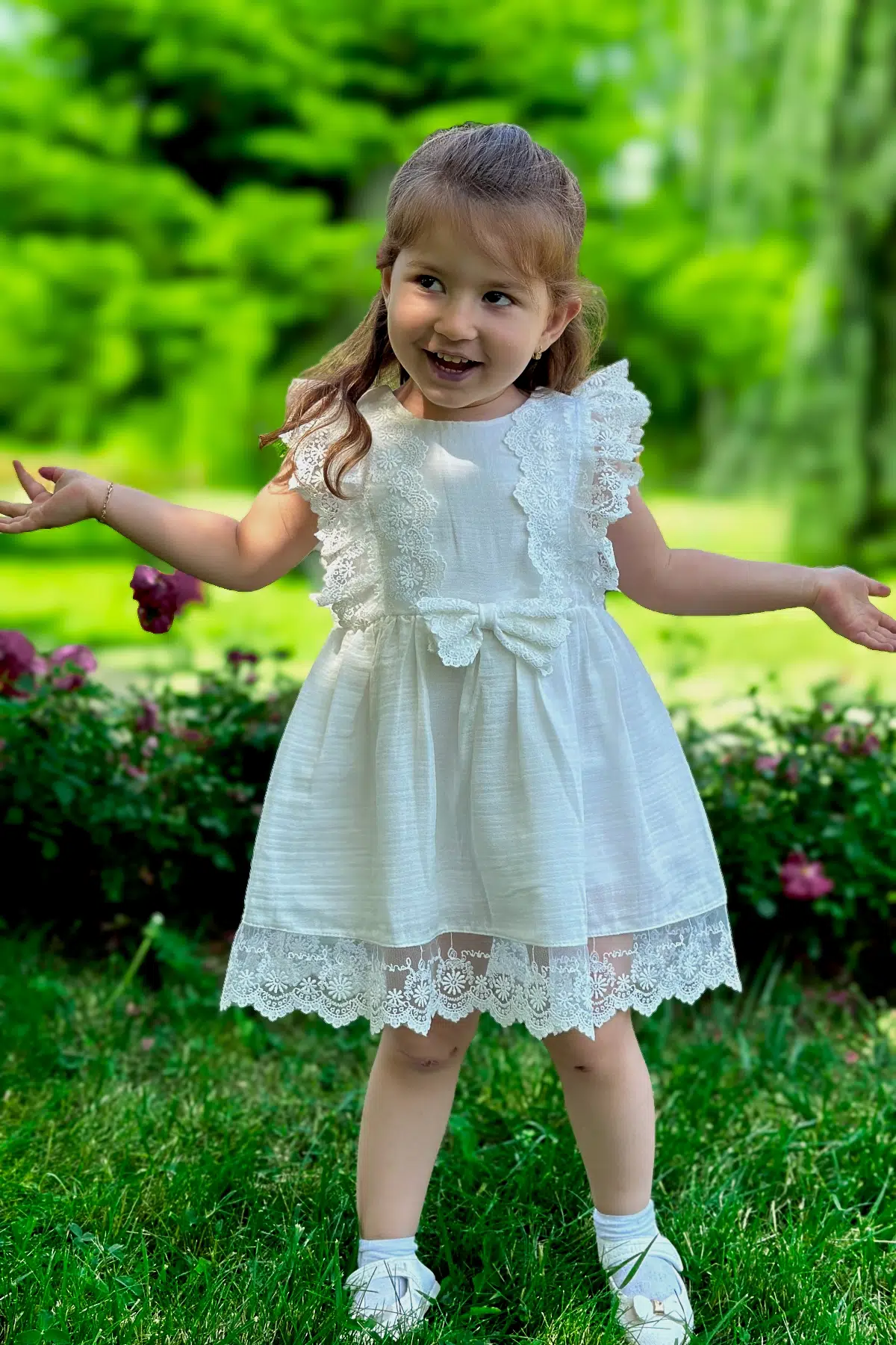Kız Bebek Elbise Kız Çocuk Elbise Doğum Günü Parti Düğün Elbise Dantelli Kısa Kol Astarlı Elbise - Beyaz