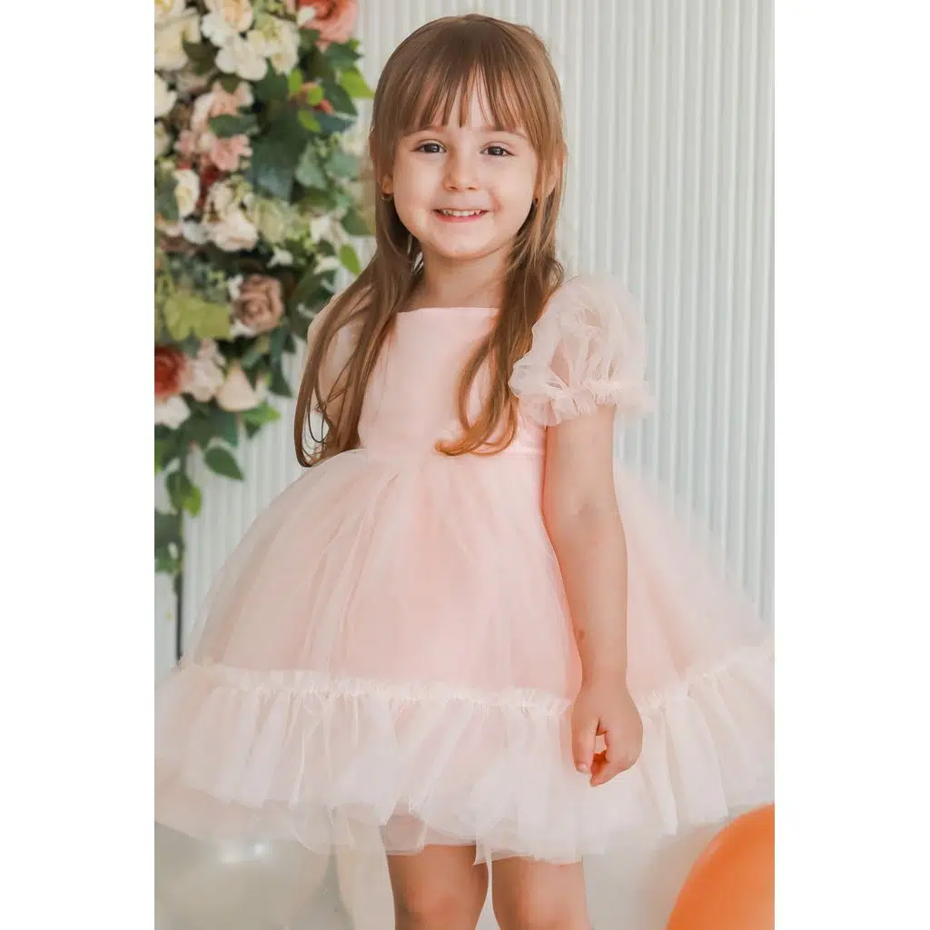 Kız Bebek Elbise Kız Çocuk Elbise Doğum Günü Parti Düğün Elbise Dantelli Kısa Kol Astarlı Elbise - Pudra